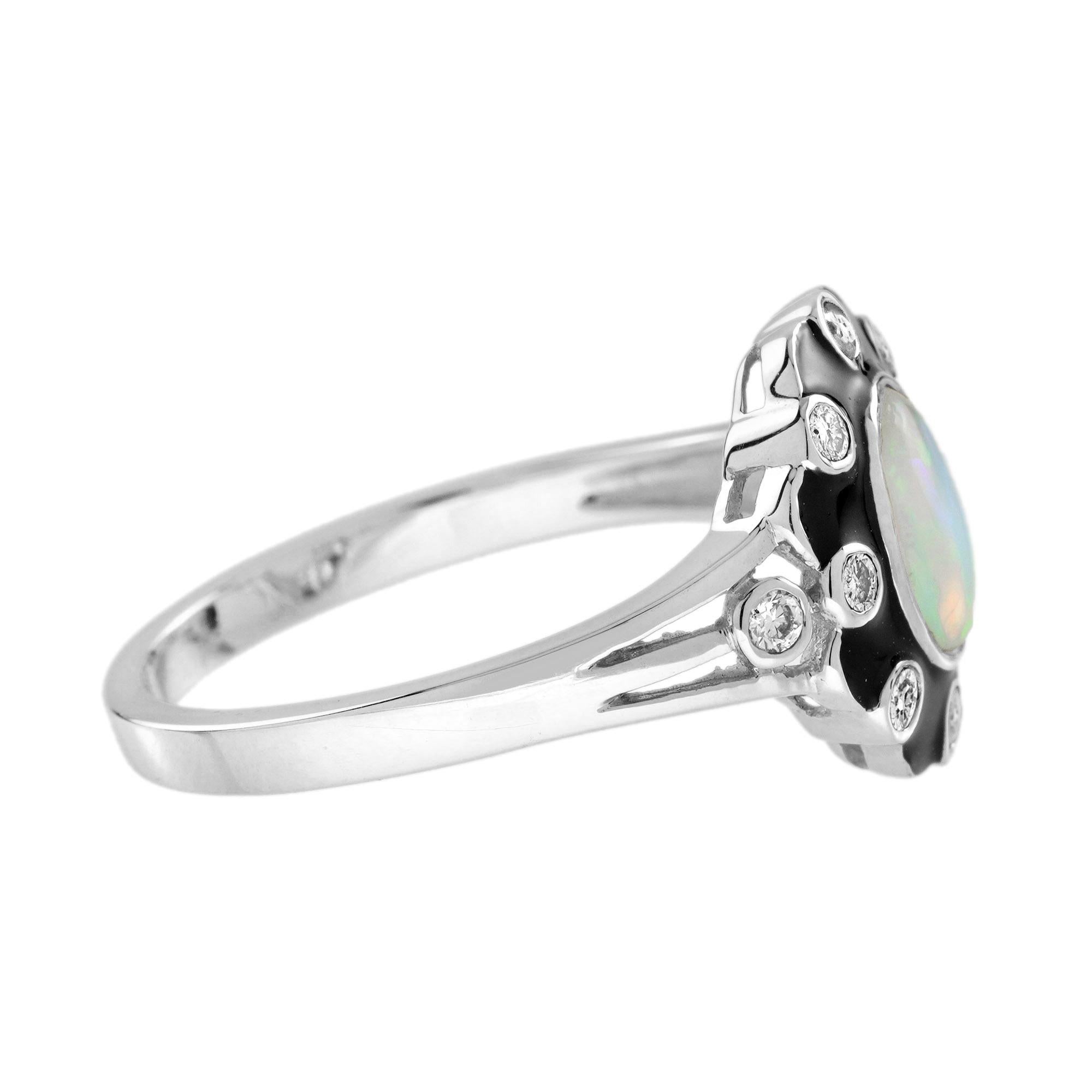 Art Déco Opale e diamante in stile Art Deco, anello in oro bianco con smalto nero a raggiera in vendita