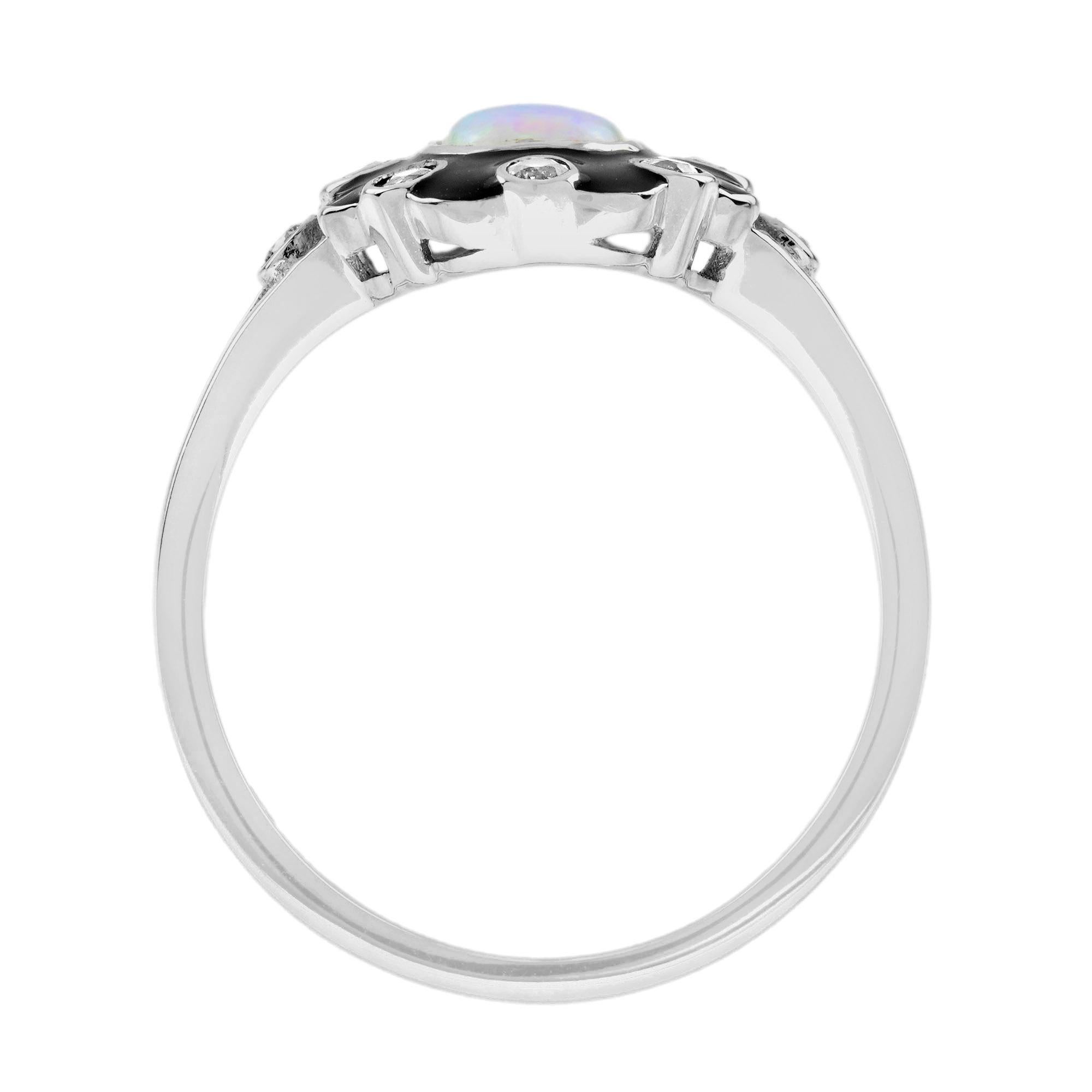 Taglio ovale Opale e diamante in stile Art Deco, anello in oro bianco con smalto nero a raggiera in vendita