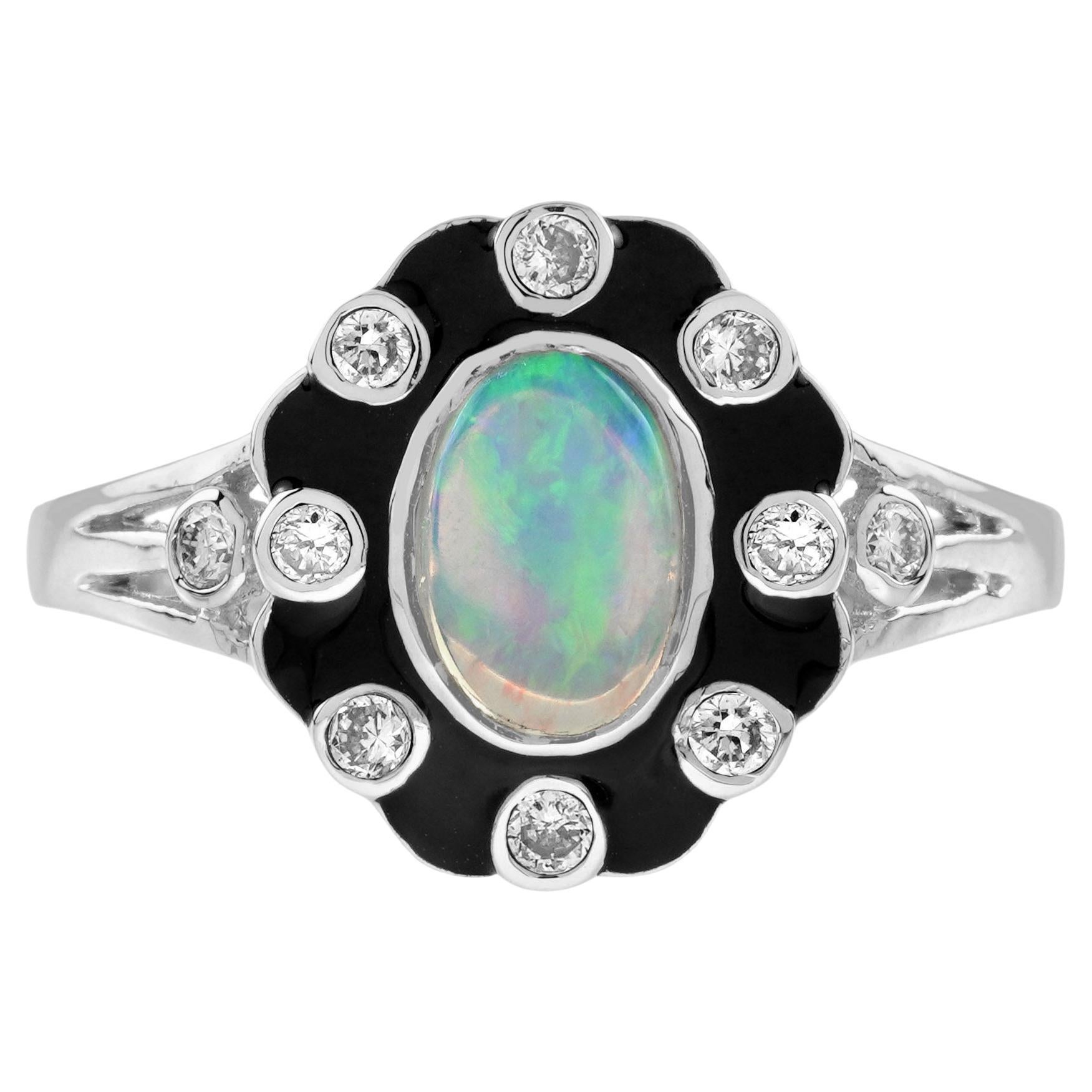 Opal & Diamant Art Deco Stil Schwarz Emaille Halo Weißgold Ring