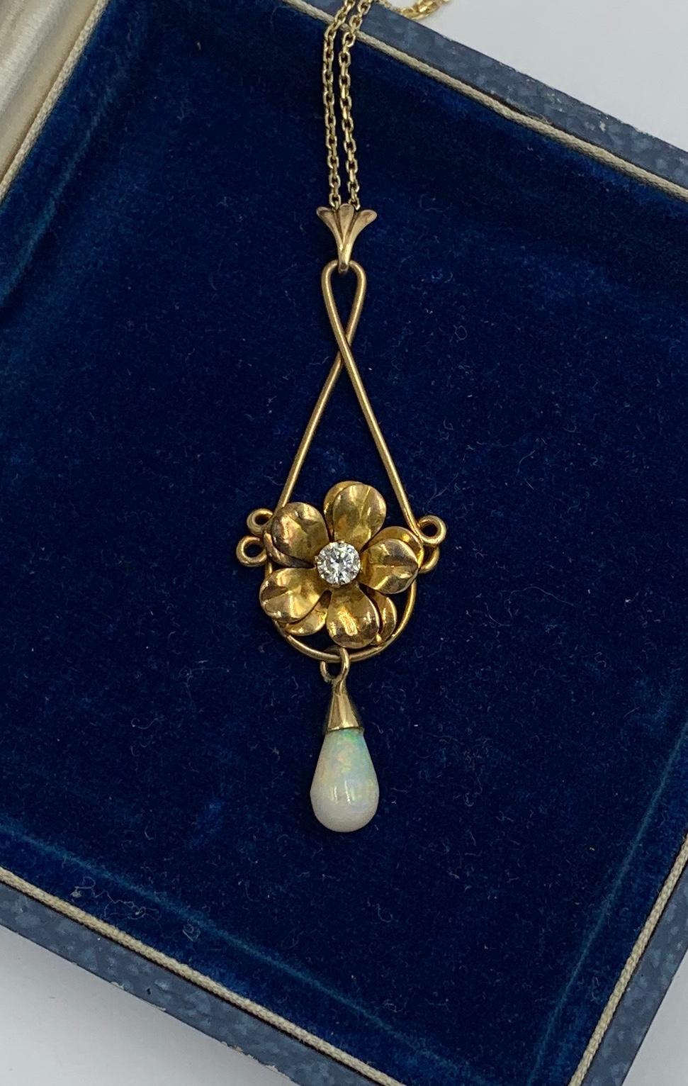 Pear Cut Opal Diamond Art Nouveau Flower Pendant Necklace 14 Karat Gold, circa 1910