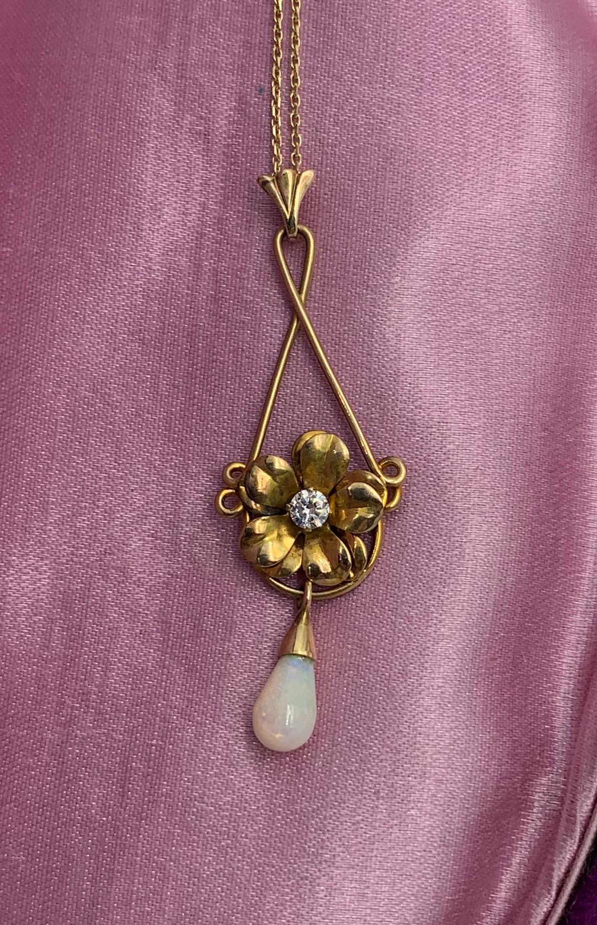 Women's Opal Diamond Art Nouveau Flower Pendant Necklace 14 Karat Gold, circa 1910