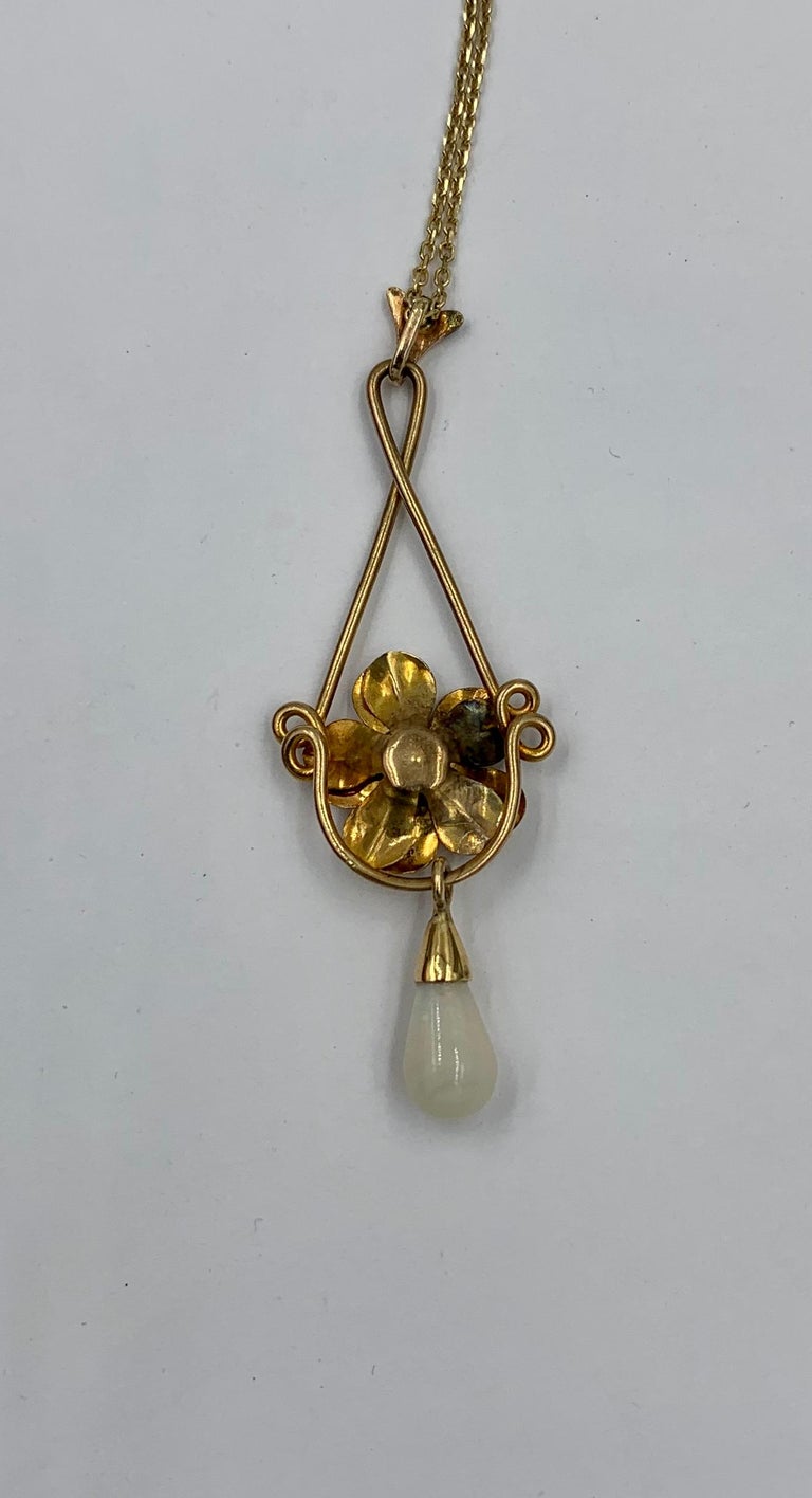 Opal Diamond Art Nouveau Flower Pendant Necklace 14 Karat Gold, circa ...