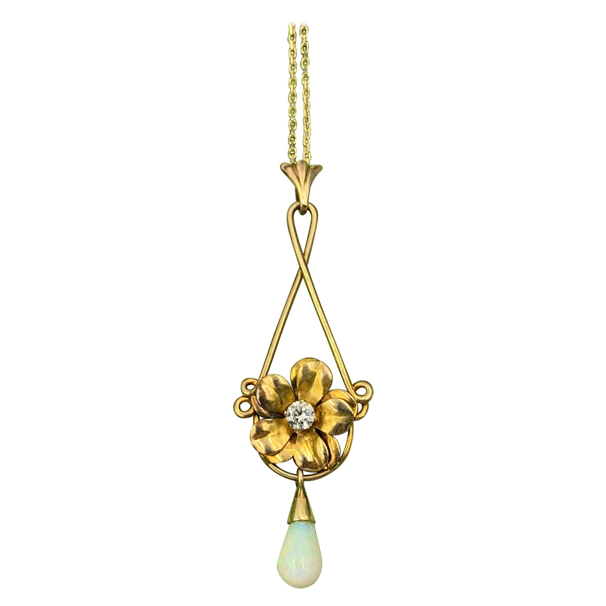 Opal Diamond Art Nouveau Flower Pendant Necklace 14 Karat Gold, circa 1910
