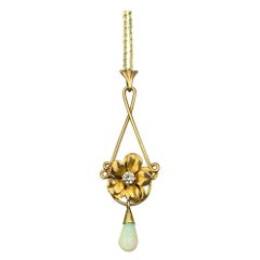 Opal Diamond Art Nouveau Flower Pendant Necklace 14 Karat Gold, circa 1910