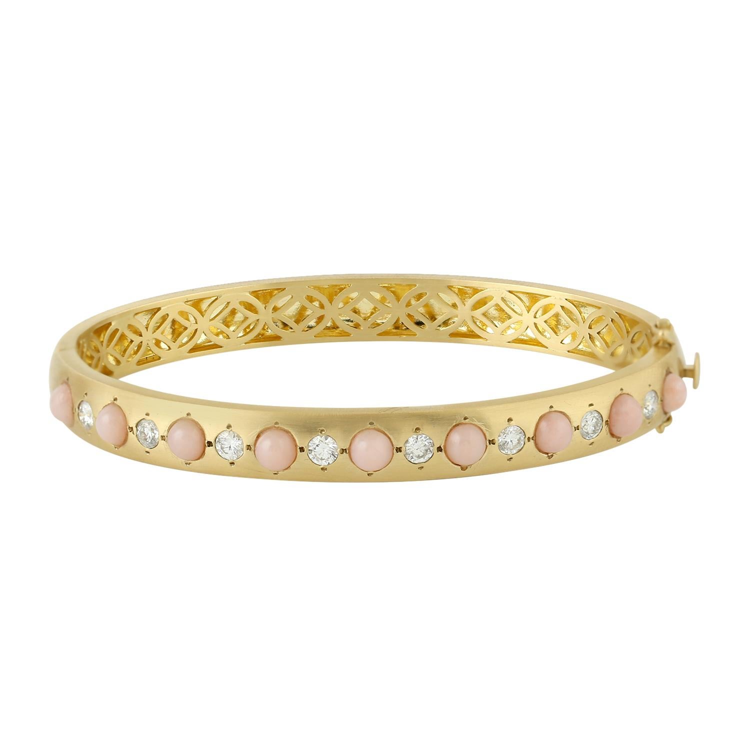 Mixed Cut Opal & Diamond Bangle Made In 18K Yellow Gold For Sale