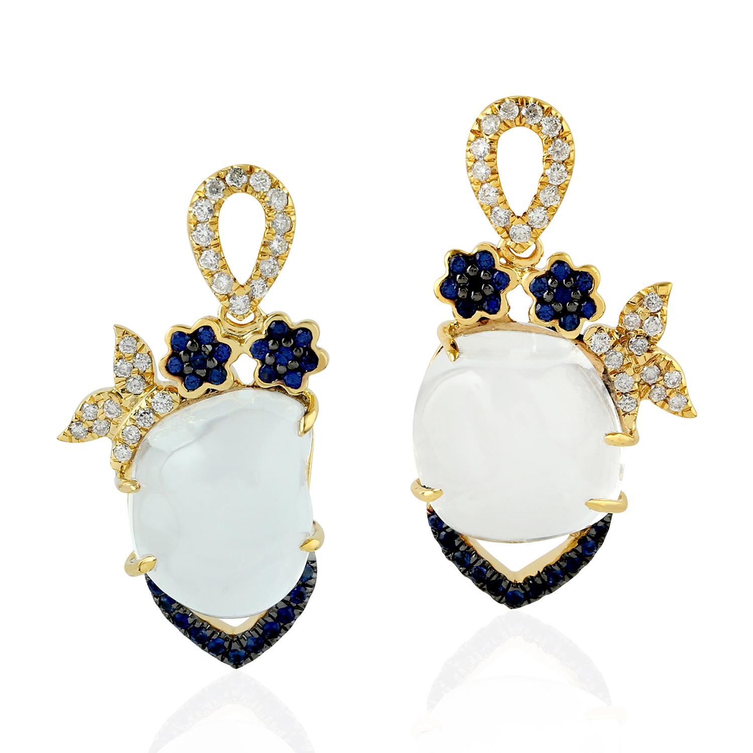 Contemporary Opal Diamond Blue Sapphire 18 Karat Gold Earrings For Sale
