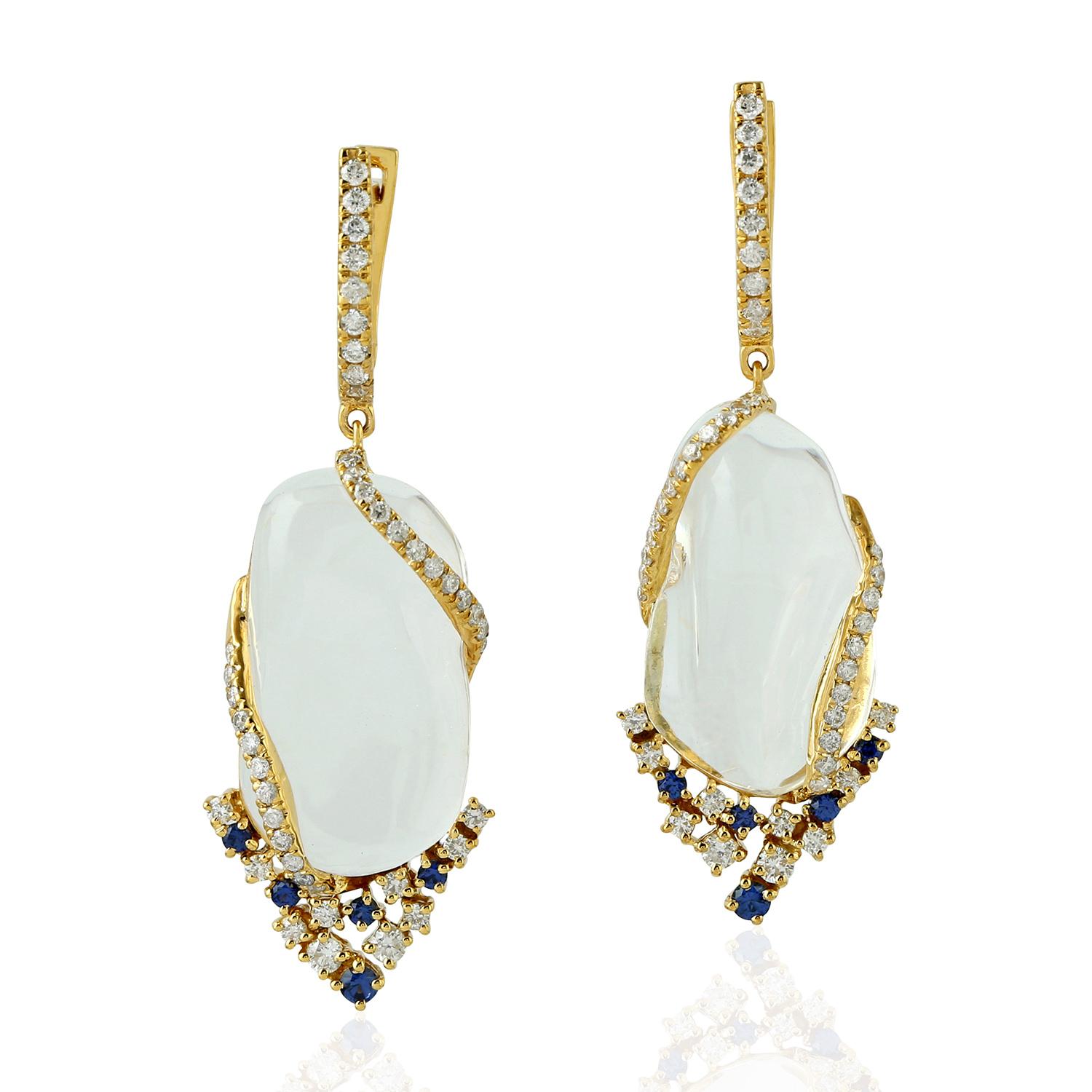 Mixed Cut Opal Diamond Blue Sapphire 18 Karat Gold Earrings For Sale