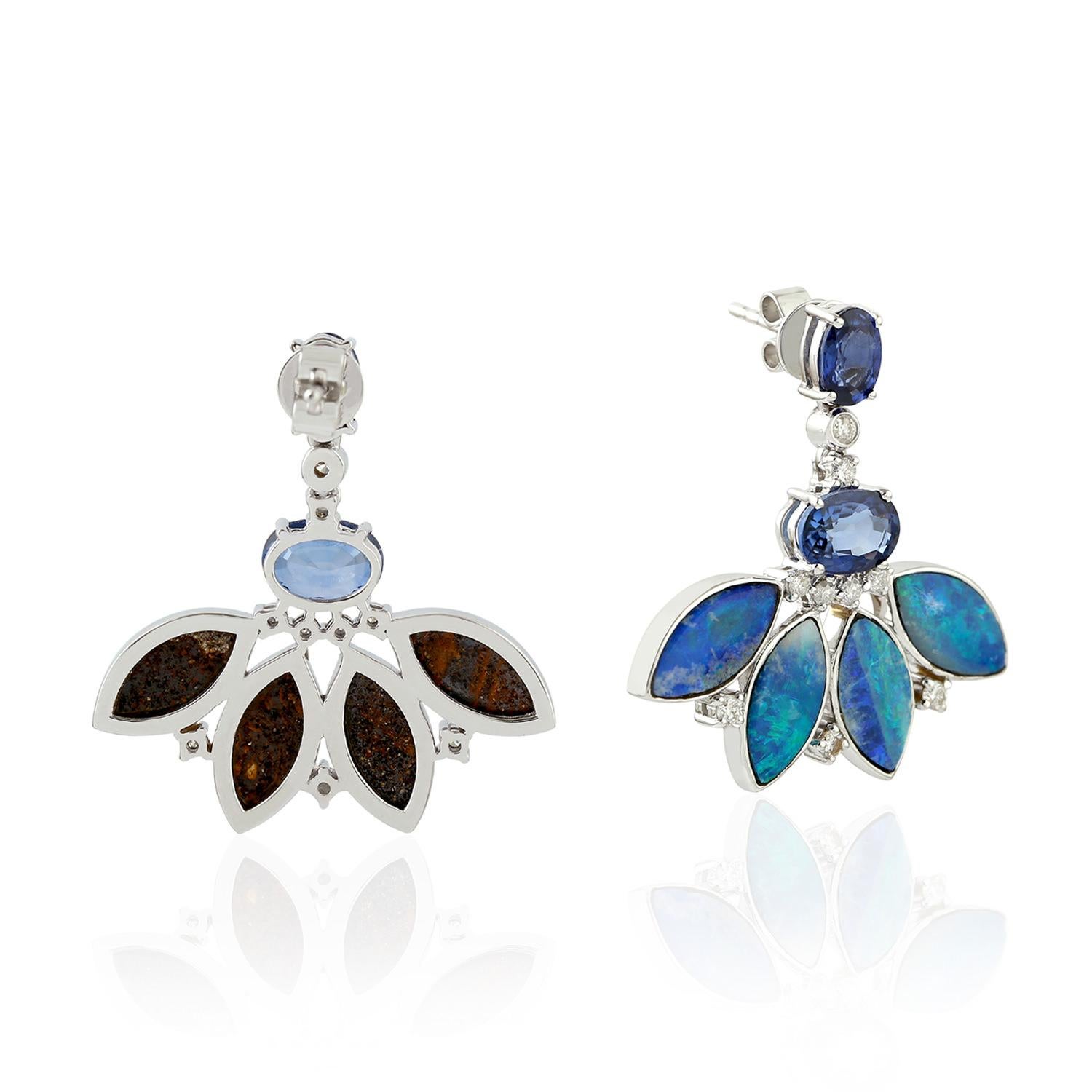 Contemporary Opal Diamond Blue Sapphire 18 Karat Gold Stud Earrings For Sale