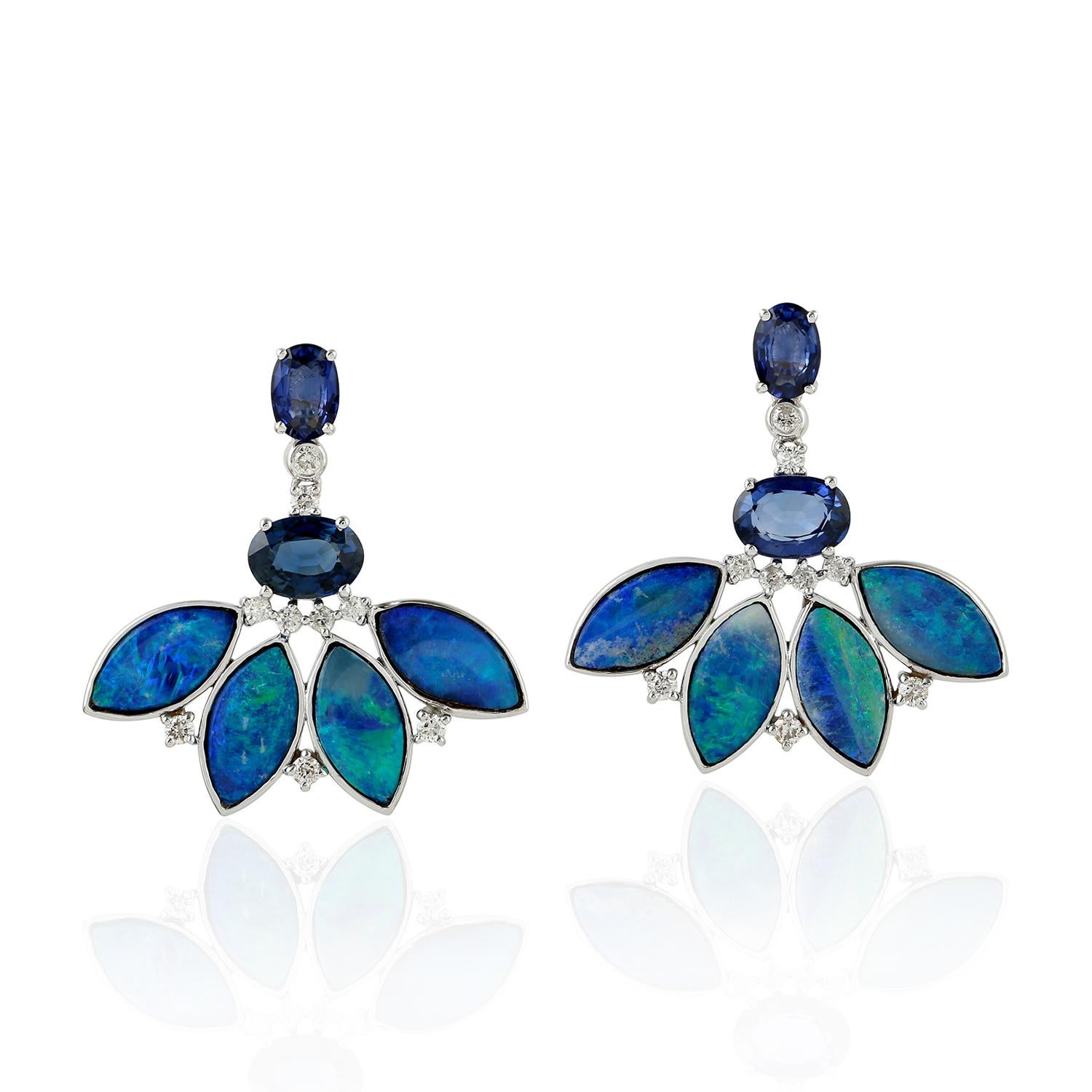 Marquise Cut Opal Diamond Blue Sapphire 18 Karat Gold Stud Earrings For Sale