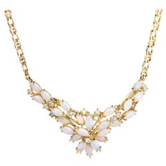 Opal Diamond Cluster Necklace Vintage 14 Karat Yellow Gold Choker Spray Jewelry