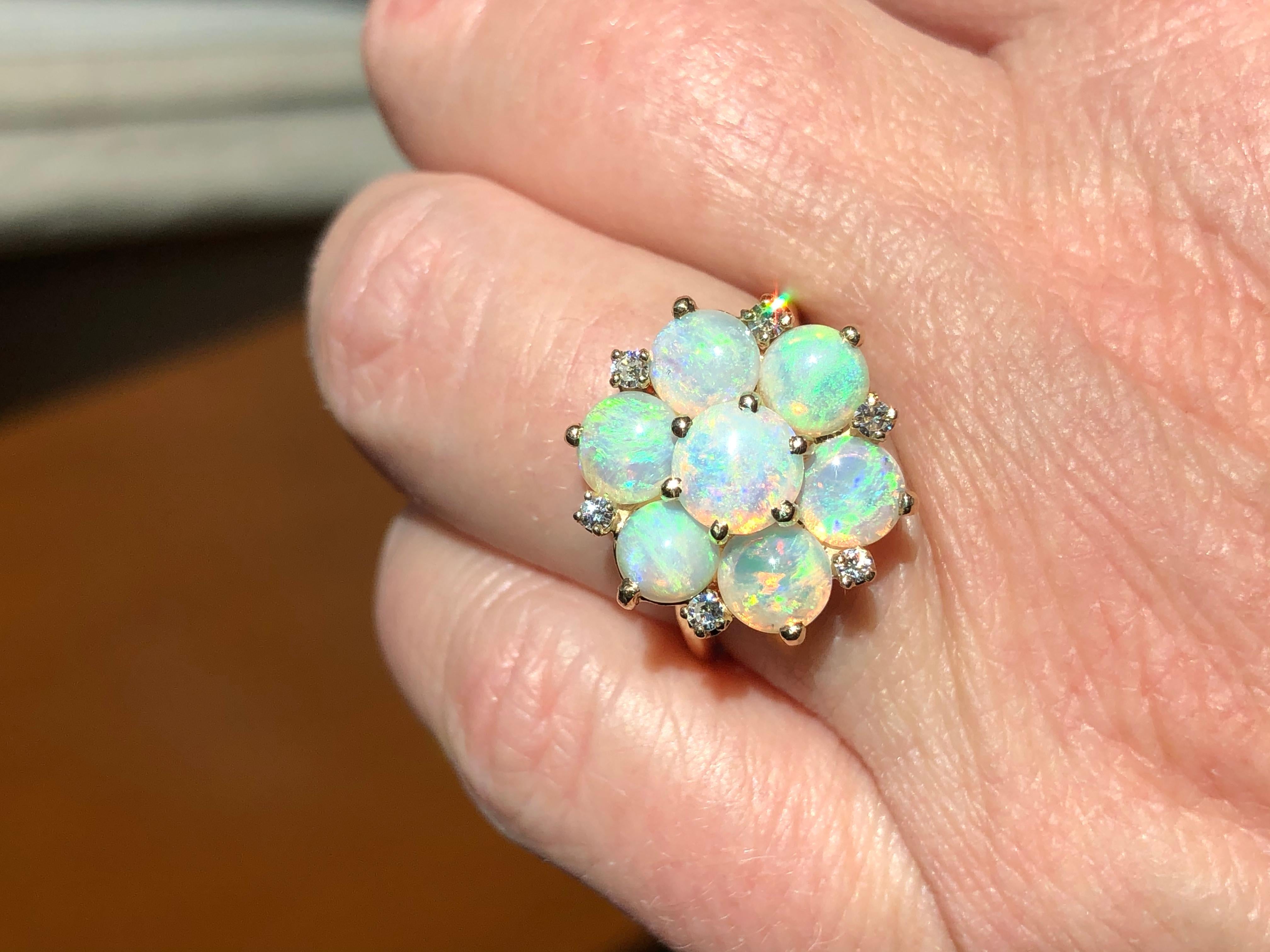 Opal Diamond Cluster Ring Vintage 14k Yellow Gold Cocktail Jewelry Estate Round 2