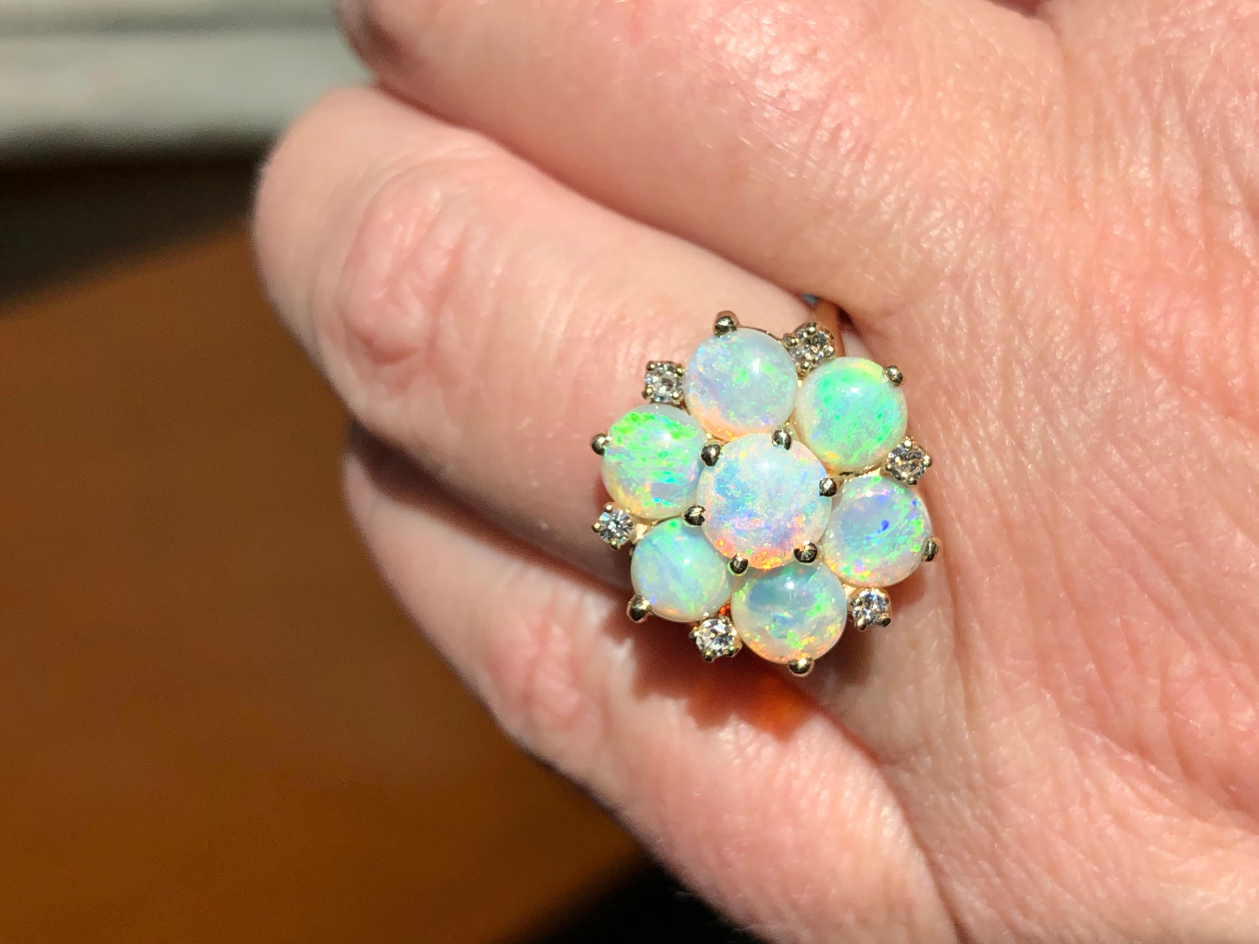 Opal Diamond Cluster Ring Vintage 14k Yellow Gold Cocktail Jewelry Estate Round 3