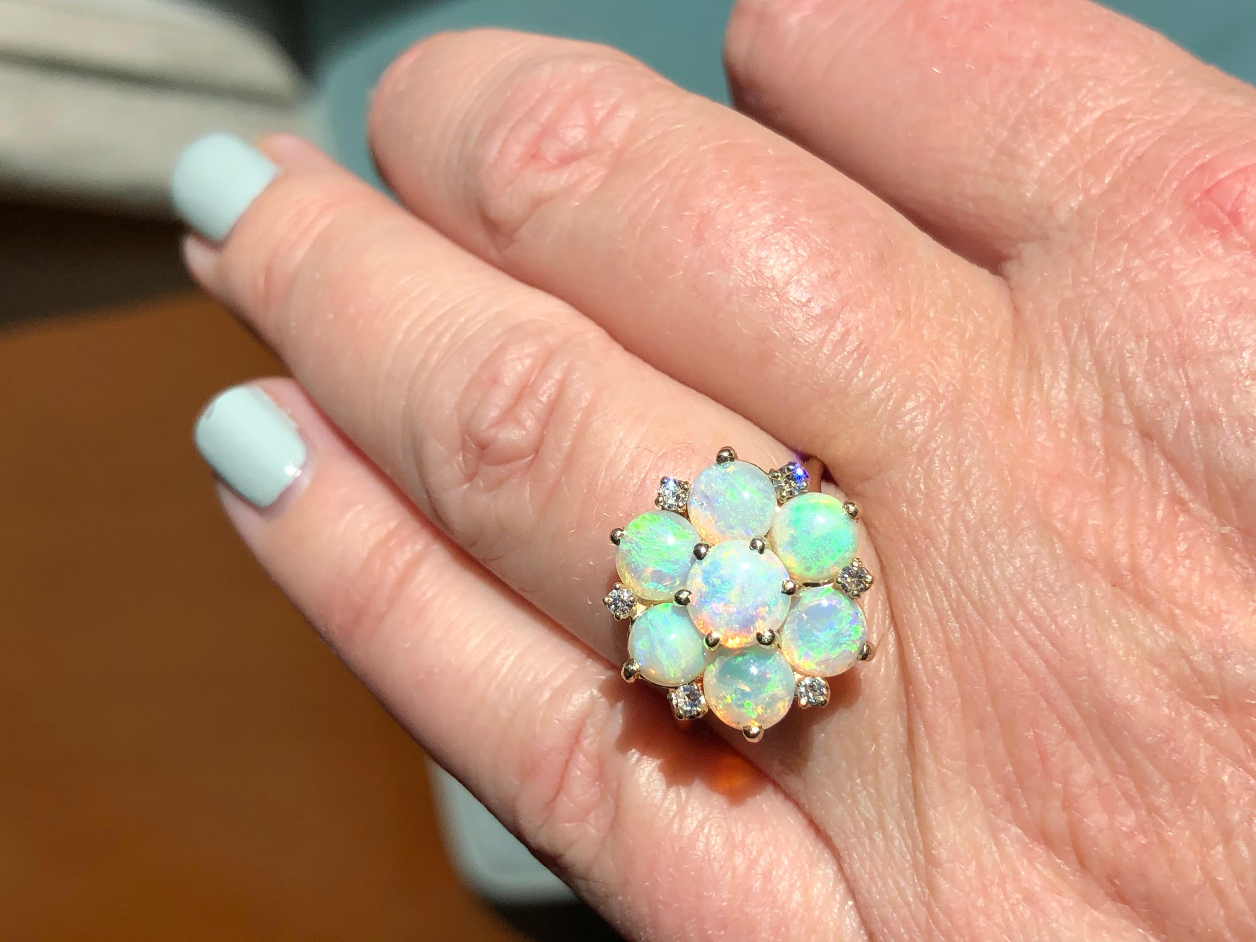Opal Diamond Cluster Ring Vintage 14k Yellow Gold Cocktail Jewelry Estate Round In Good Condition In Torrance, CA