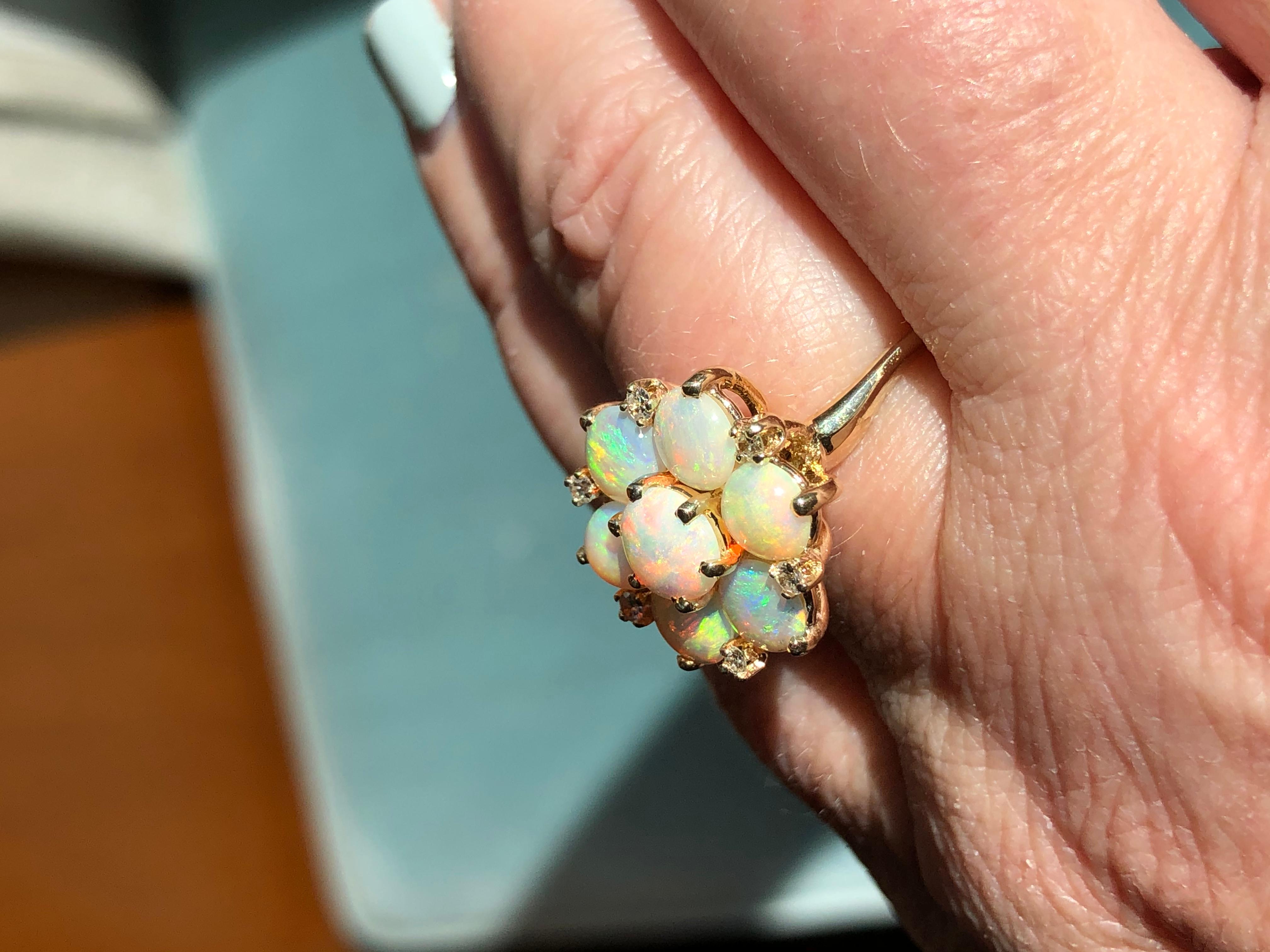 Women's Opal Diamond Cluster Ring Vintage 14k Yellow Gold Cocktail Jewelry Estate Round