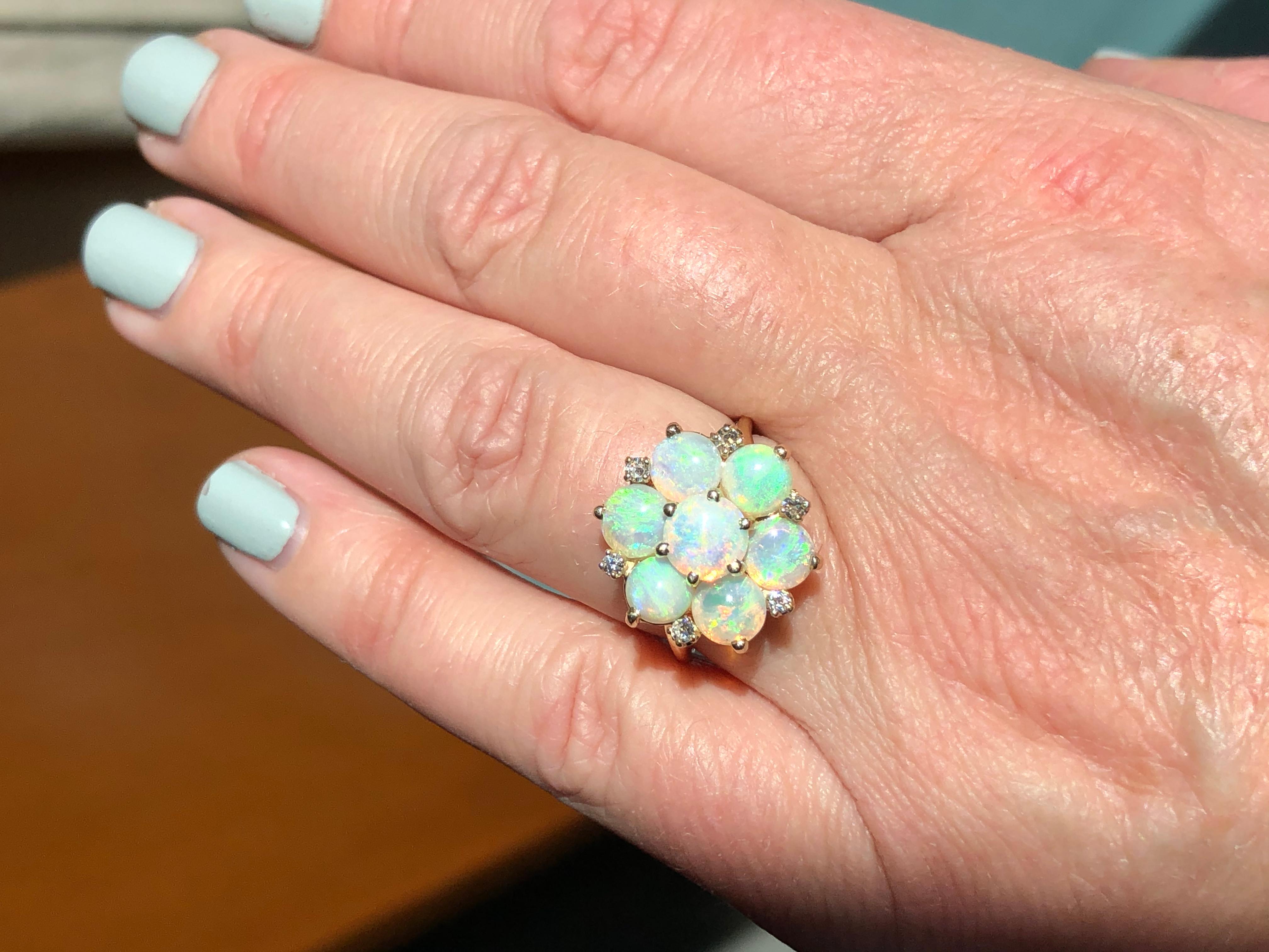 Opal Diamond Cluster Ring Vintage 14k Yellow Gold Cocktail Jewelry Estate Round 1