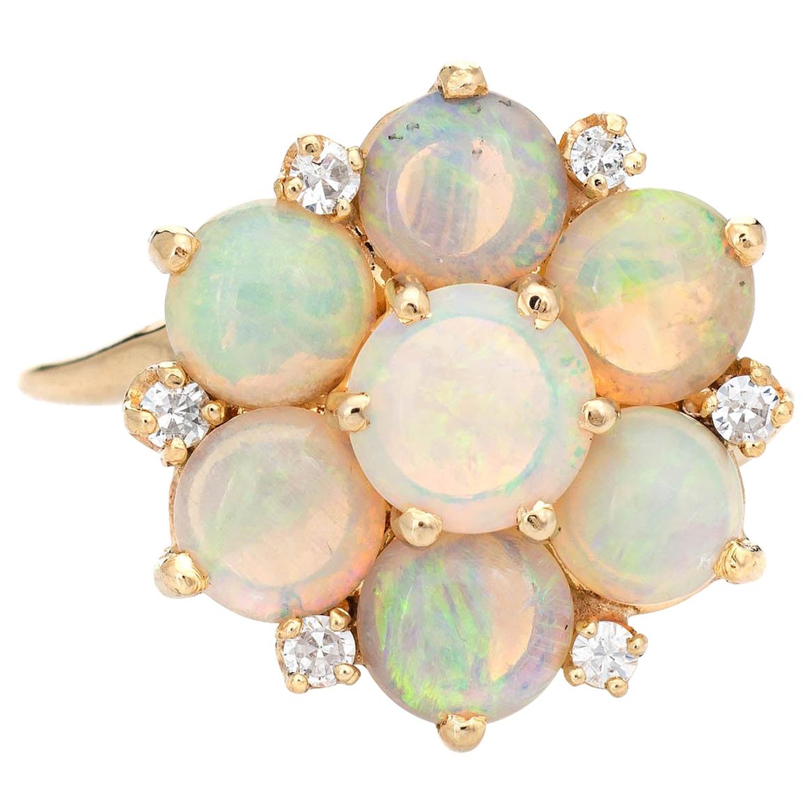 Opal Diamond Cluster Ring Vintage 14k Yellow Gold Cocktail Jewelry Estate Round