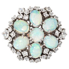 Opal Diamond Cluster Ring Retro 18k White Gold Round Cocktail Jewelry