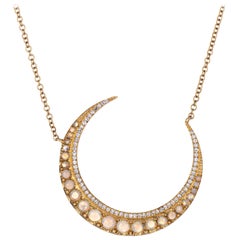 Vintage Opal Diamond Crescent Moon Necklace 14 Karat Yellow Gold Celestial Fine Jewelry