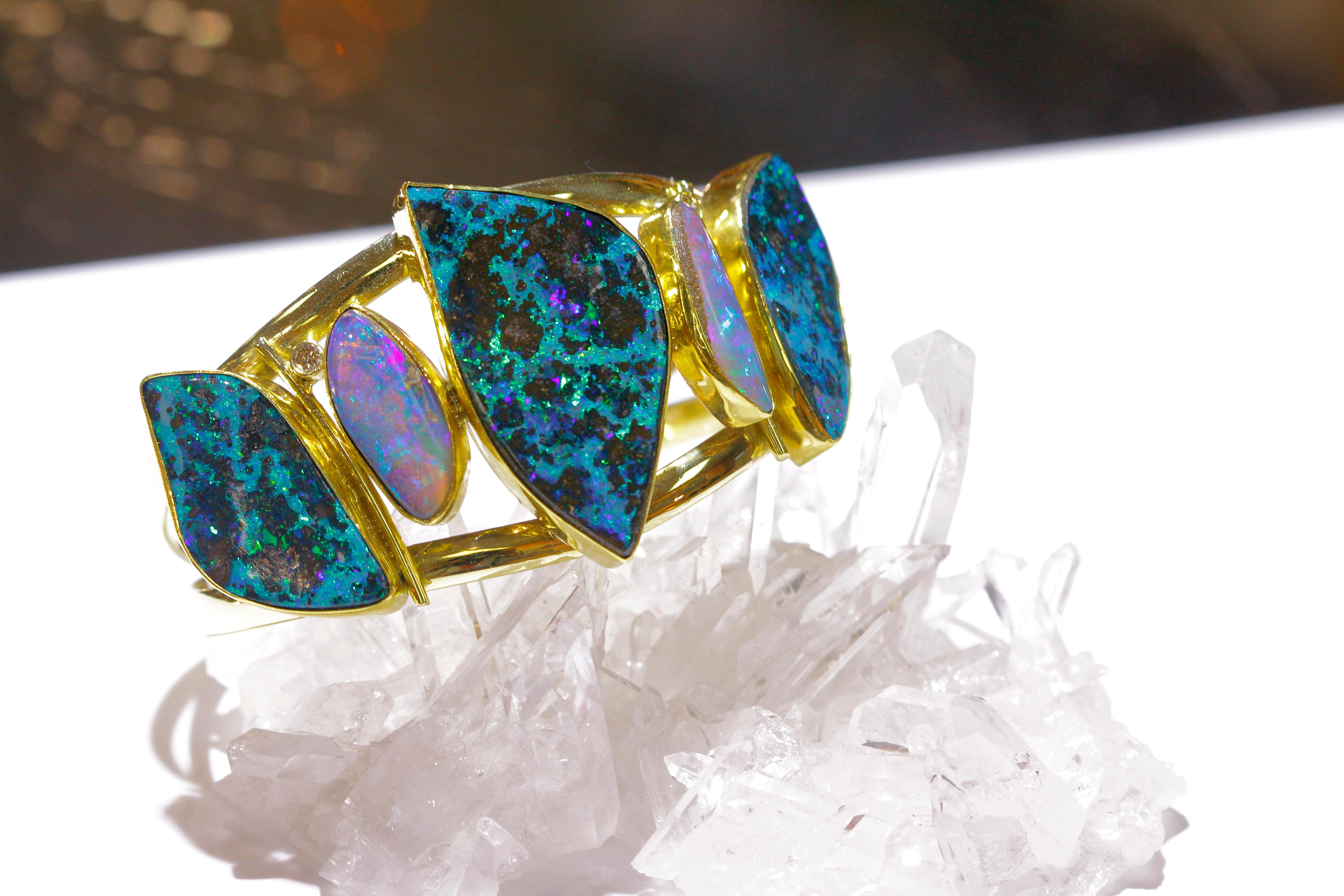 Boulder Opal Diamond Cuff Bracelet 22k 18k Gold In New Condition In Wolfeboro, NH