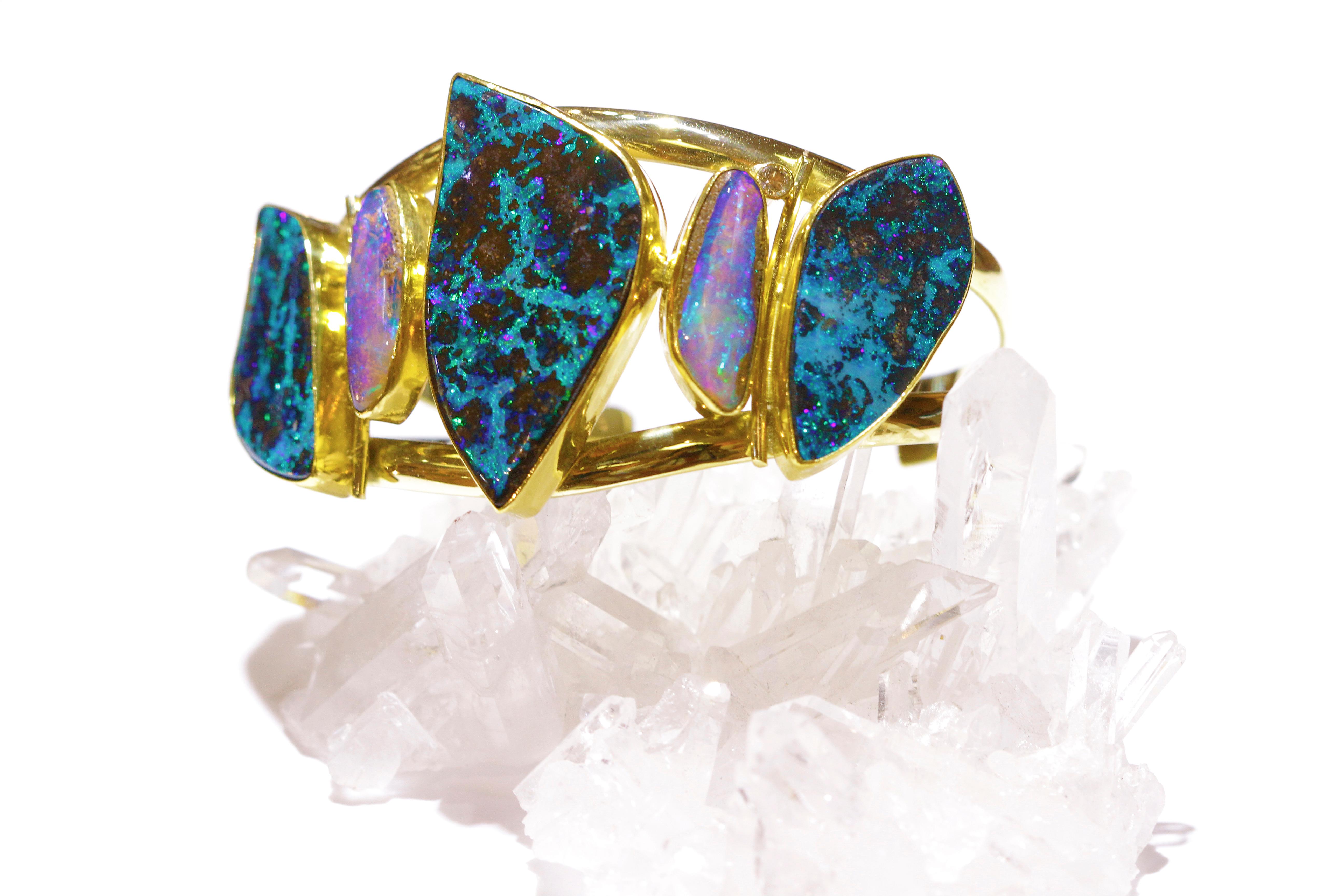 Women's or Men's Boulder Opal Diamond Cuff Bracelet 22k 18k Gold