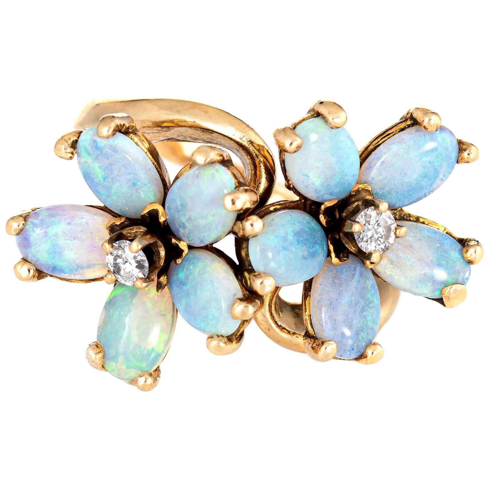 Opal Diamond Double Flower Ring Moi et Toi 14 Karat Yellow Gold Vintage Jewelry