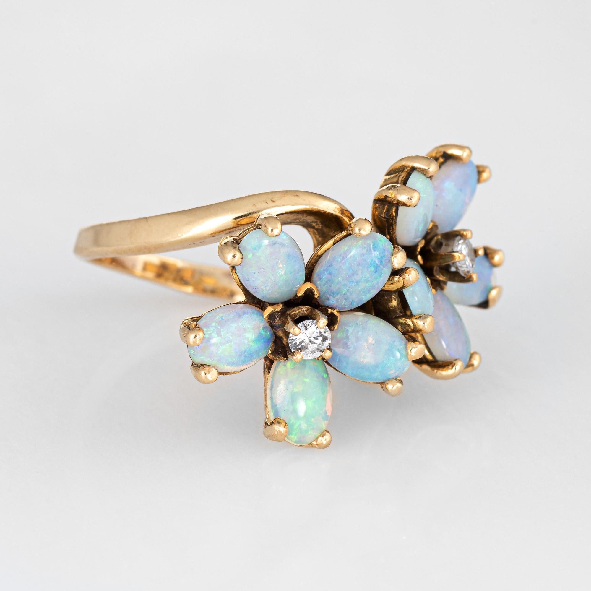 Modern Opal Diamond Double Flower Ring Moi et Toi 14 Karat Yellow Gold Vintage Jewelry