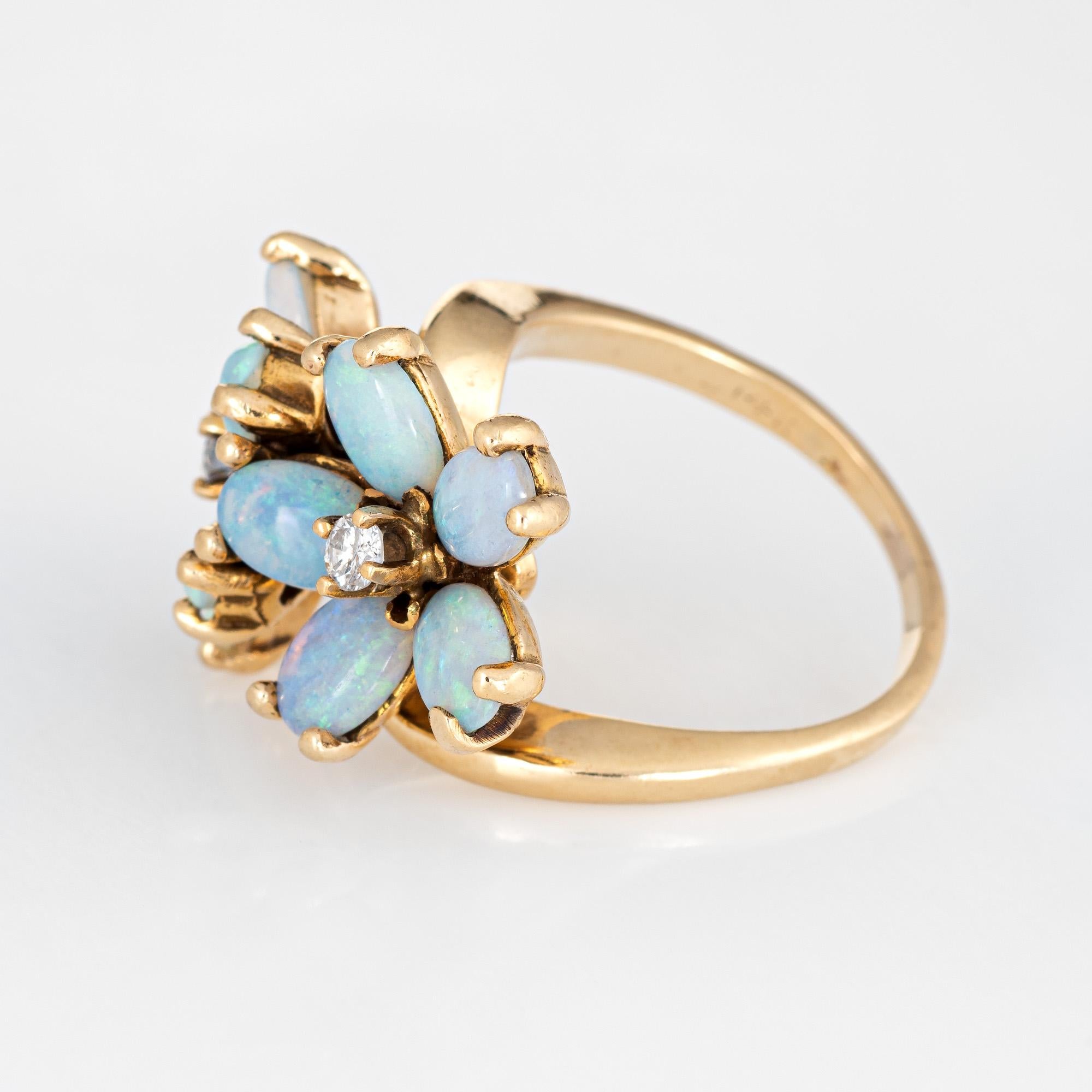 Oval Cut Opal Diamond Double Flower Ring Moi et Toi 14 Karat Yellow Gold Vintage Jewelry