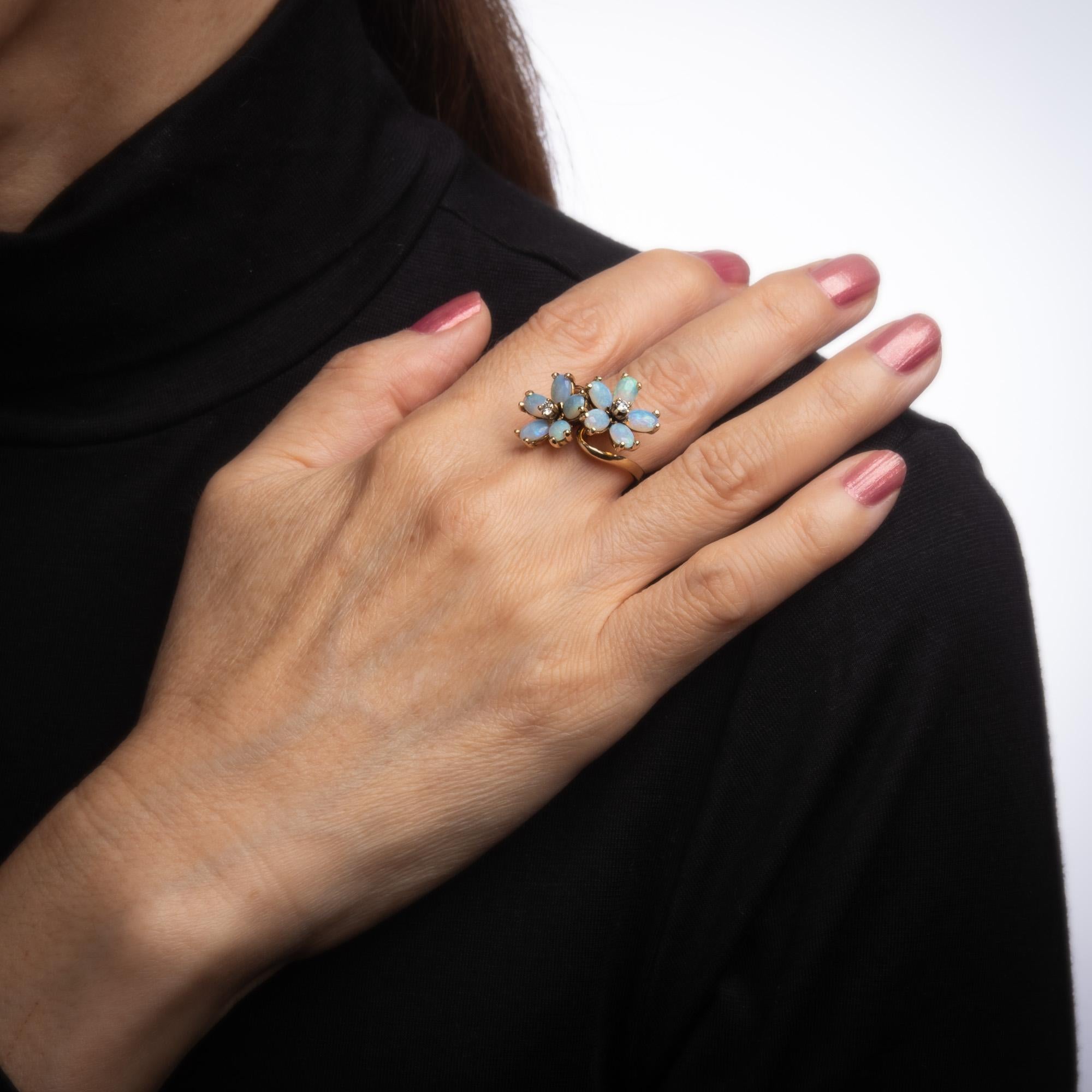 Women's Opal Diamond Double Flower Ring Moi et Toi 14 Karat Yellow Gold Vintage Jewelry