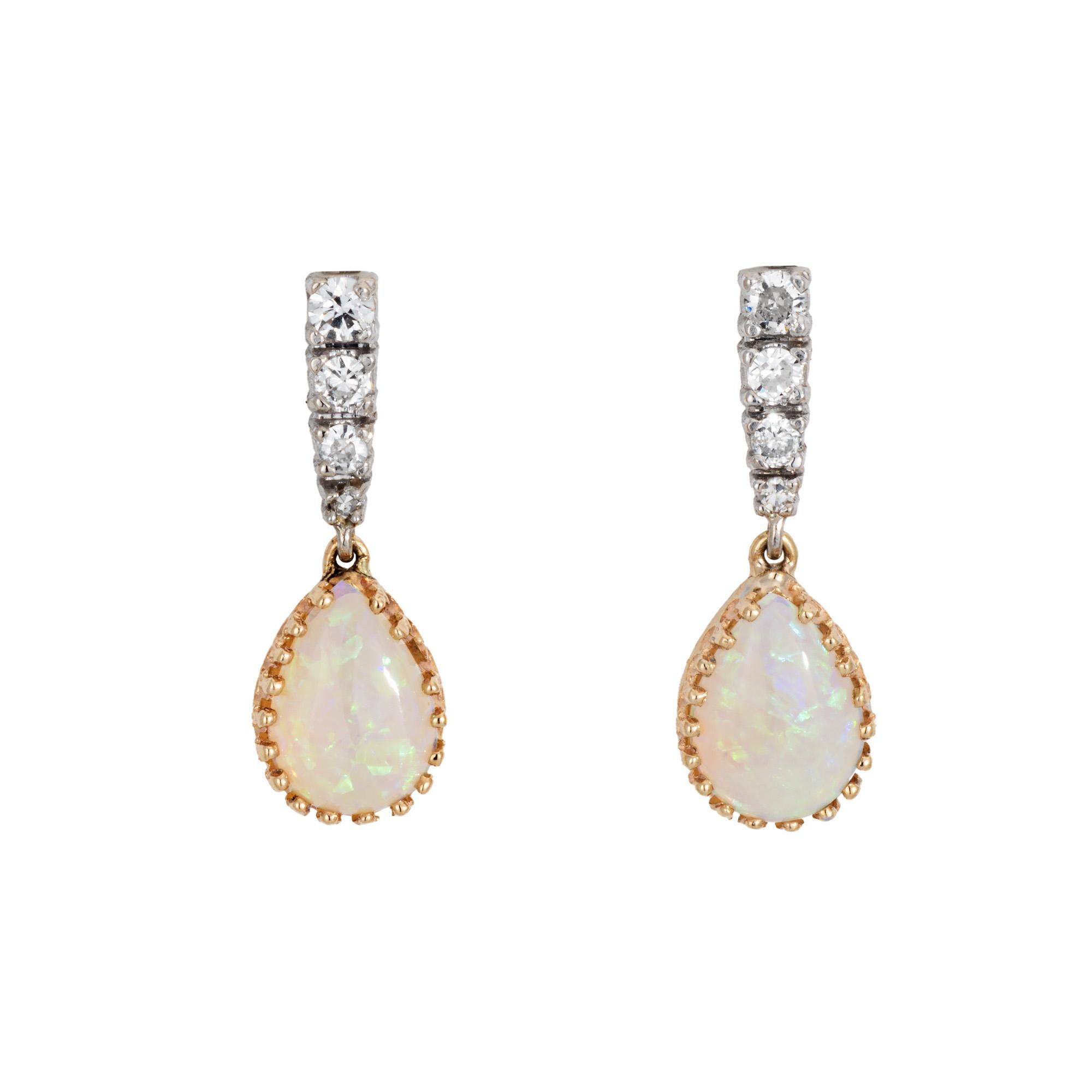 Pear Cut Opal Diamond Drop Earrings Small Vintage 14k Yellow Gold Estate Fine Jewelry
