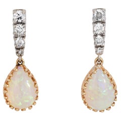 Opal Diamond Drop Earrings Small Vintage 14k Yellow Gold Estate Fine Jewelry