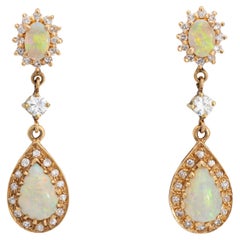 Opal Diamond Drop Earrings Vintage 14k Yellow Gold 1.25" Length Fine Jewelry