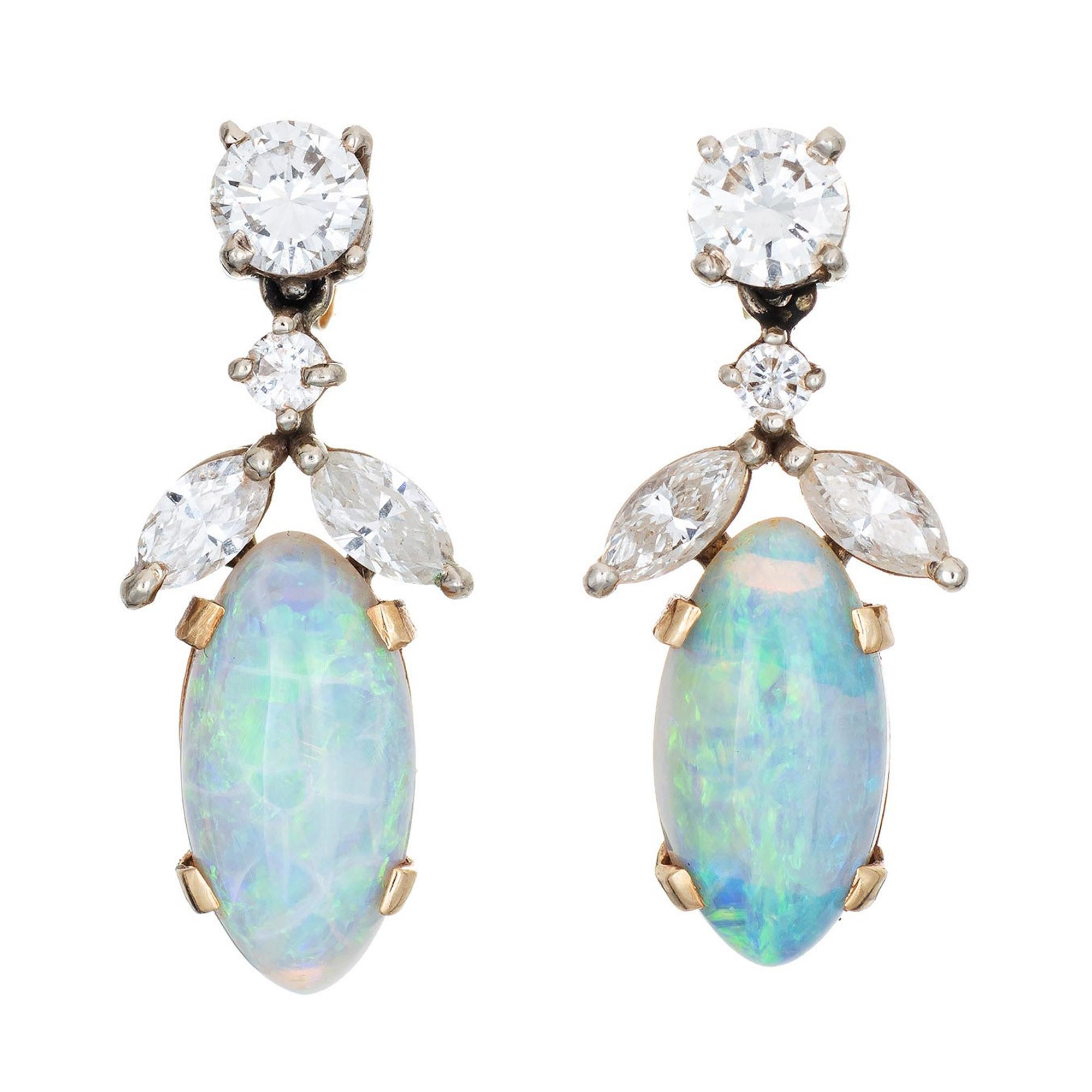 Opal-Diamant-Tropfen-Ohrringe Vintage 14k Gelbgold Nachlass-Schmuck