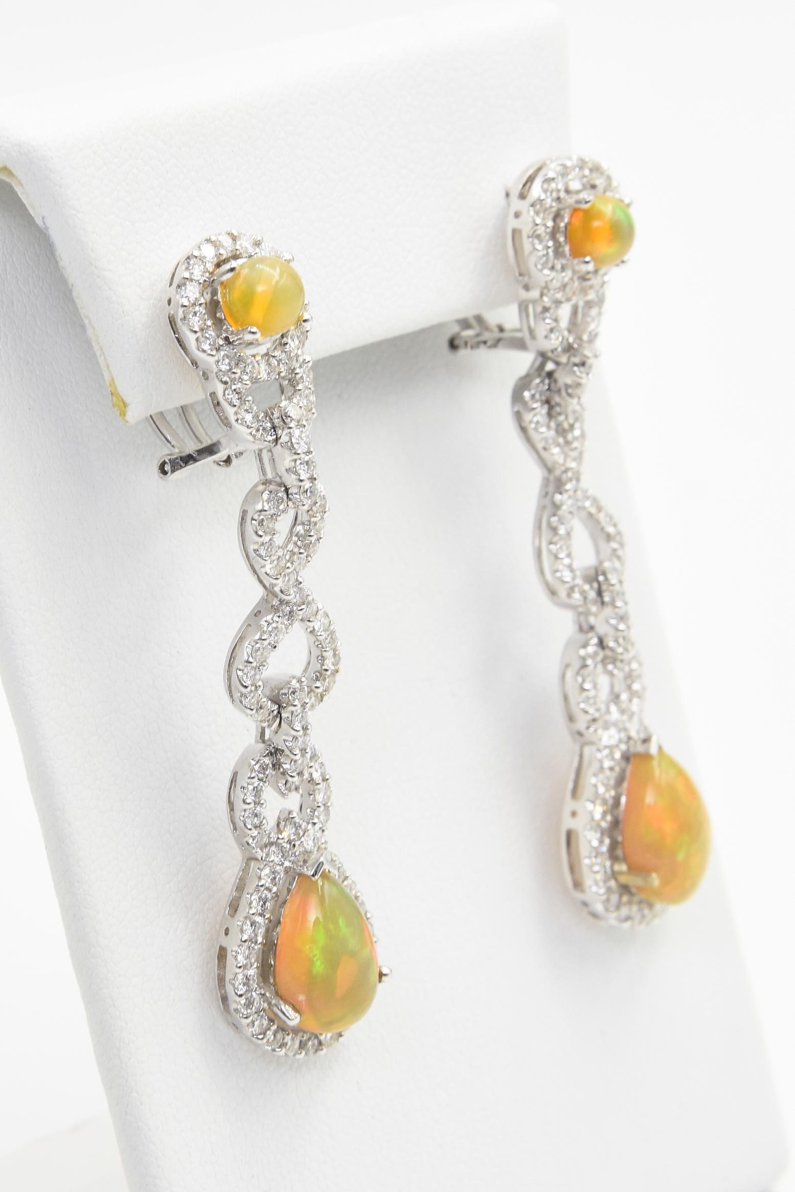 Opal Diamond Drop White Gold Earrings In Excellent Condition For Sale In Miami Beach, FL