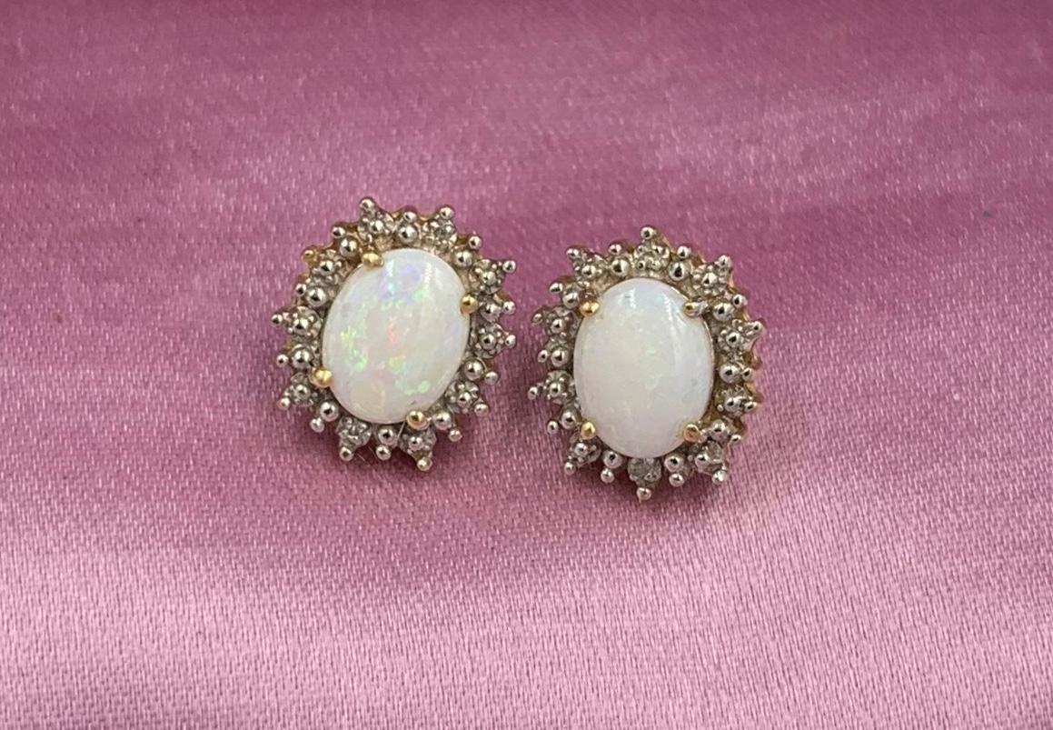 Contemporary Opal Diamond Earrings 14 Karat Gold Estate