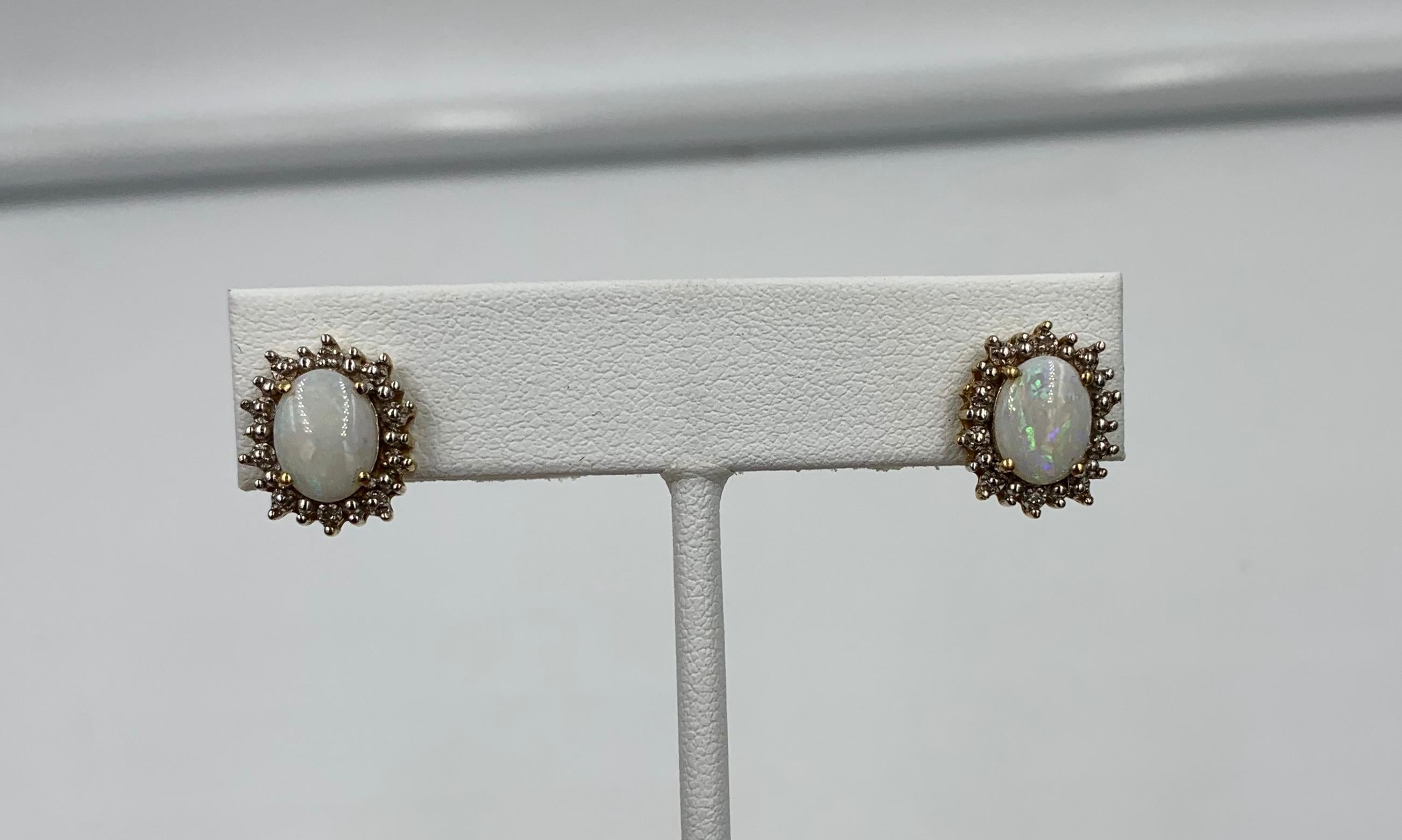 Cabochon Opal Diamond Earrings 14 Karat Gold Estate