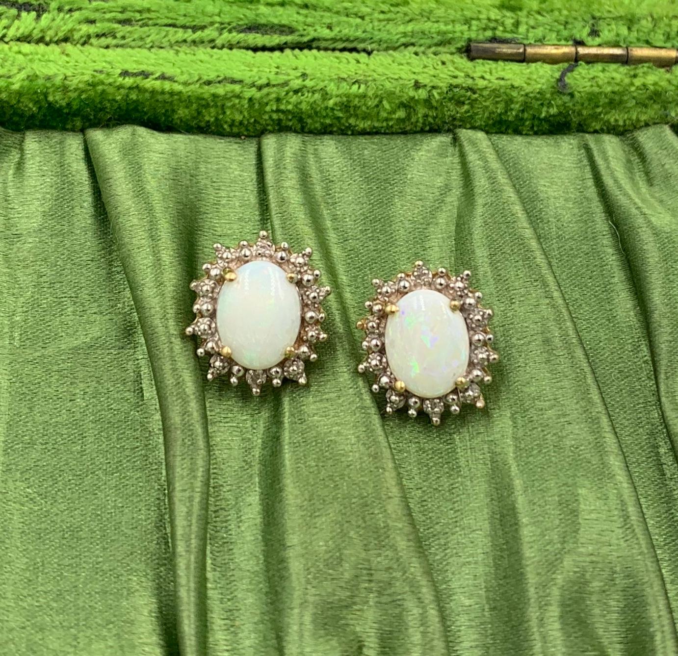 Opal Diamond Earrings 14 Karat Gold Estate In Good Condition In New York, NY
