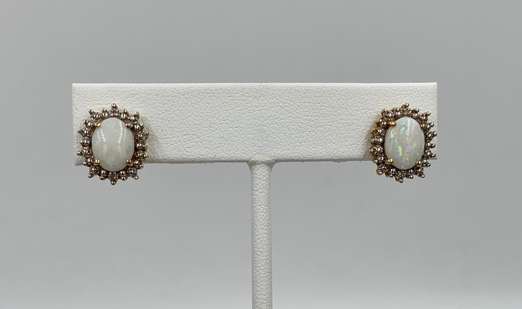 Women's Opal Diamond Earrings 14 Karat Gold Estate