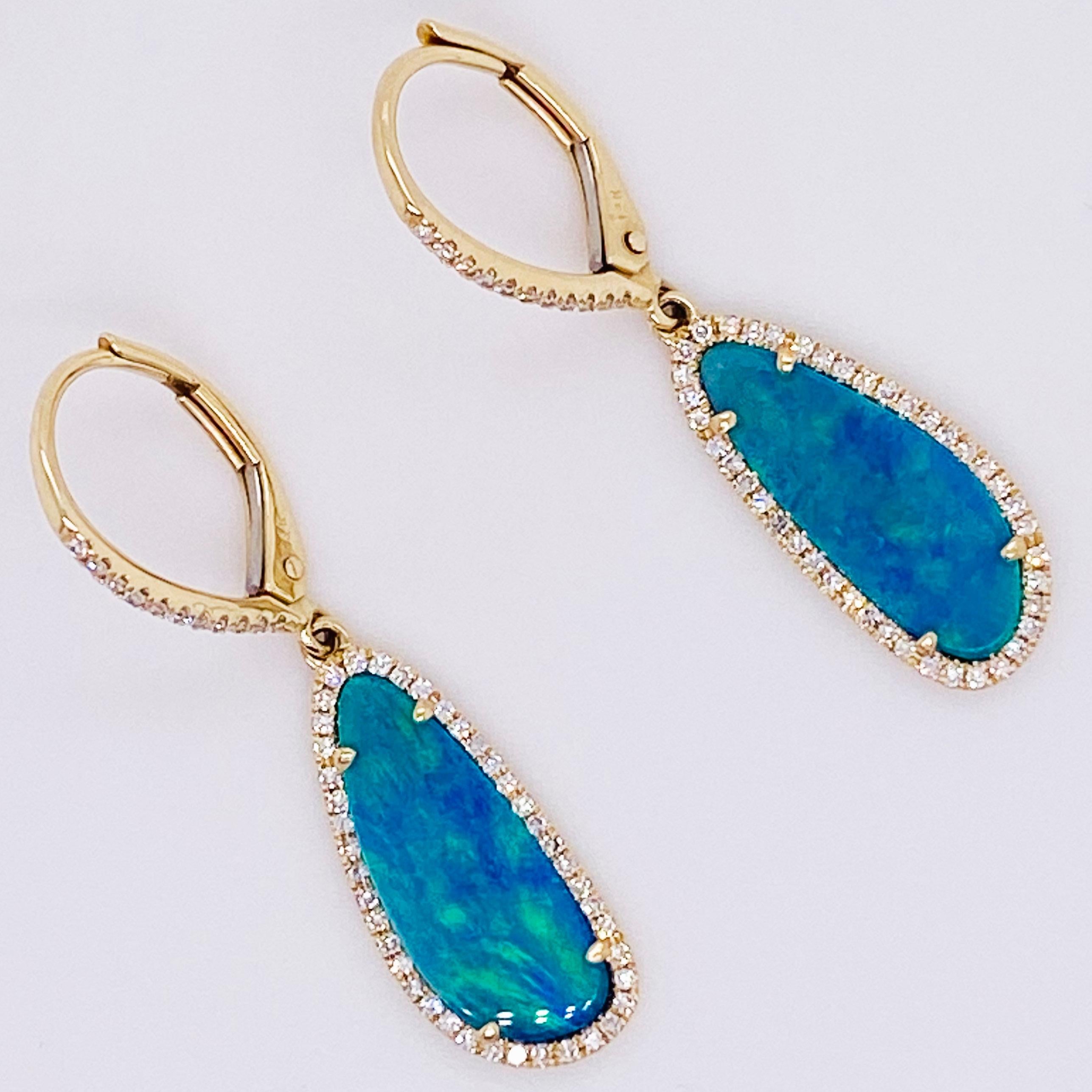 Artisan Opal Diamond Earrings, Dangles, 14 Karat Gold, Blue Opal, Dangle Earring, Drop