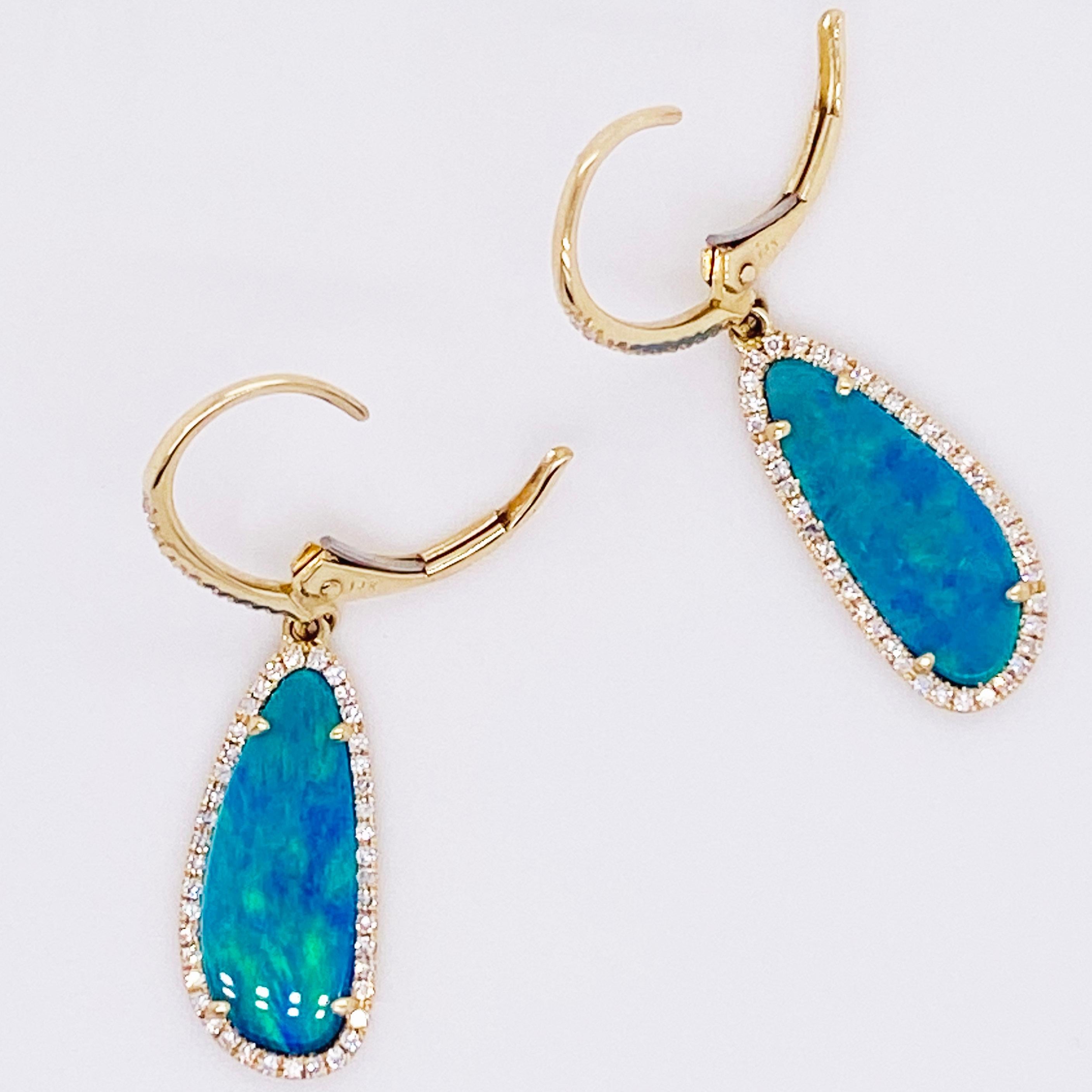 Opal Diamond Earrings, Dangles, 14 Karat Gold, Blue Opal, Dangle Earring, Drop In New Condition In Austin, TX