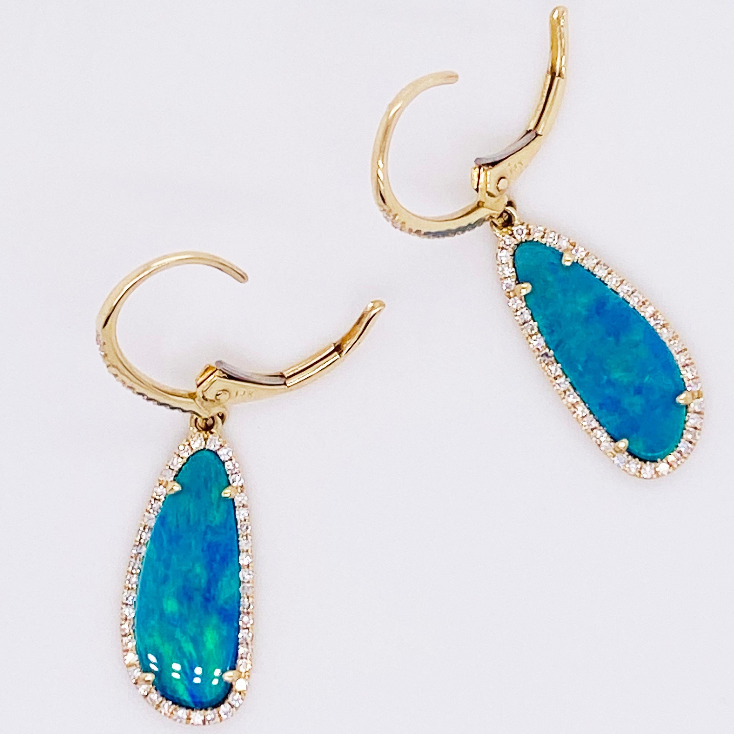 Orecchini con diamanti e opale, pendenti, oro 14 carati, opale blu, orecchino pendente, goccia In condizioni Nuovo in vendita a Austin, TX