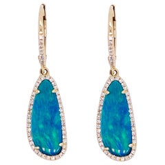 Opal Diamond Earrings, Dangles, 14 Karat Gold, Blue Opal, Dangle Earring, Drop