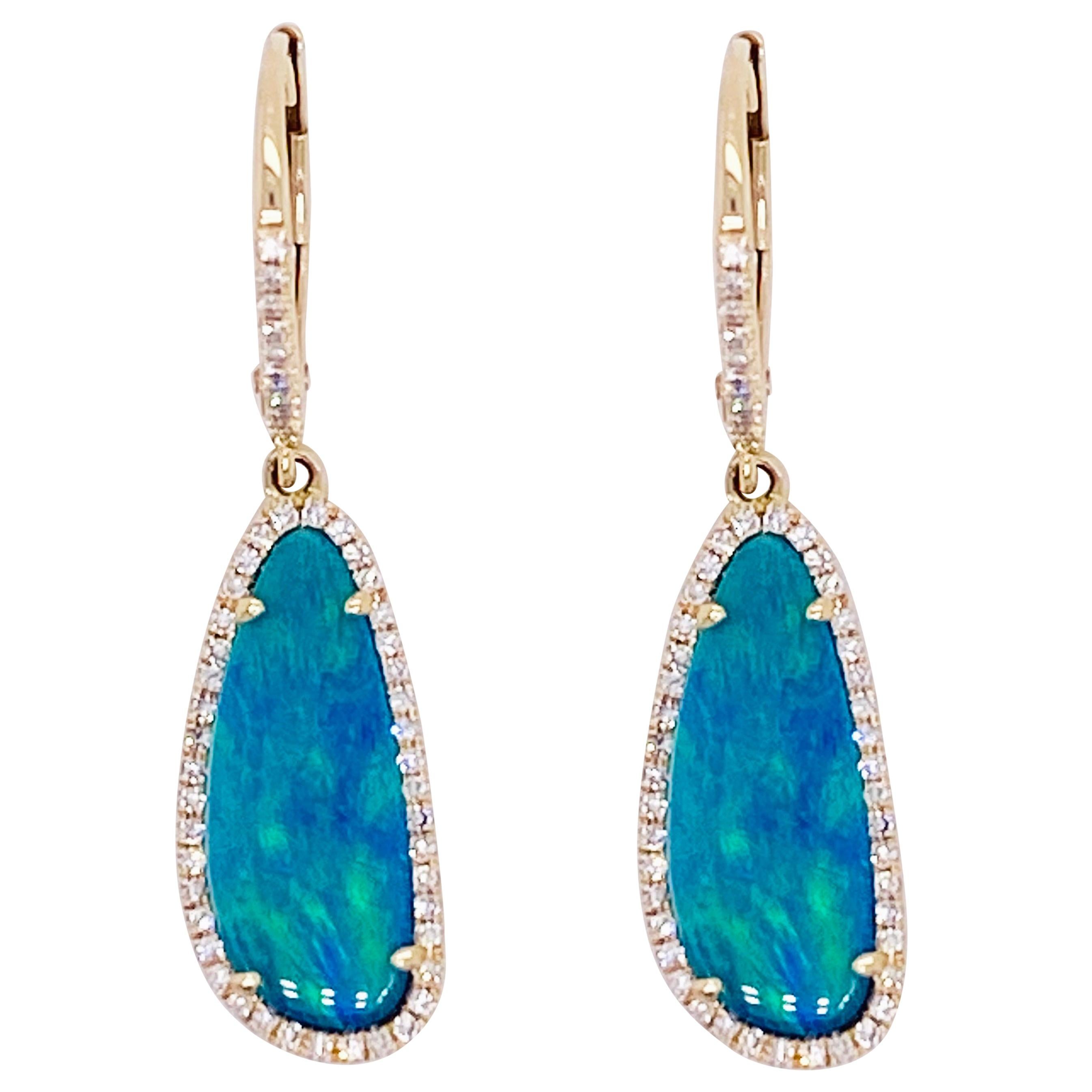 Orecchini con diamanti e opale, pendenti, oro 14 carati, opale blu, orecchino pendente, goccia