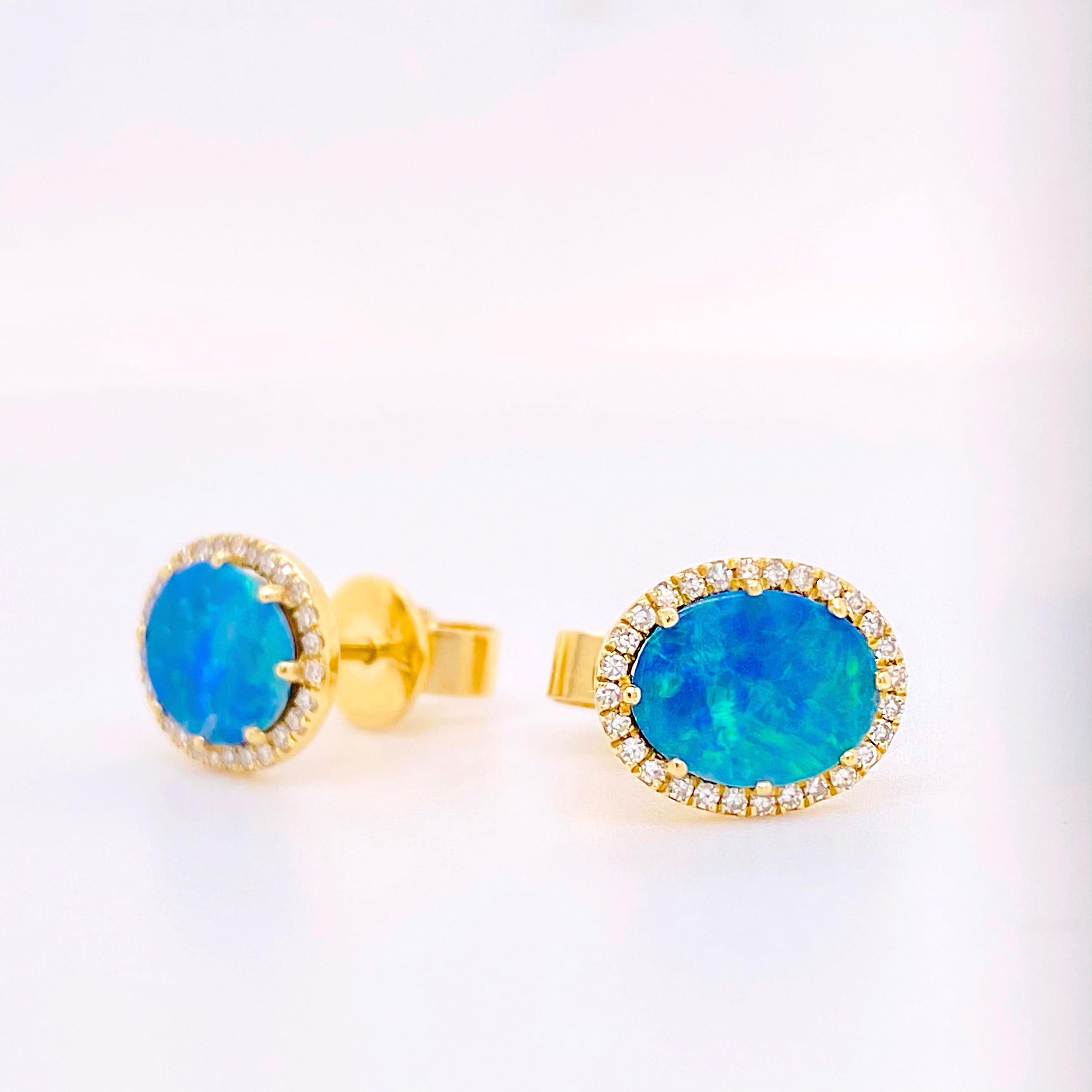 Oval Cut Opal Diamond Earrings, Genuine Black Opal, Diamond Halo Oval Stud Earrings 14K For Sale