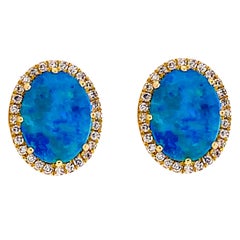 Opal-Diamant-Ohrringe, echte schwarze Opal, Diamant Halo Oval-Ohrstecker 14K