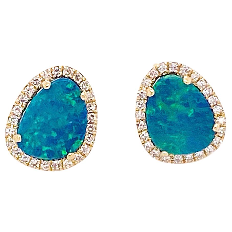 Opal Diamond Earrings, Genuine Opal, Diamond Halo .91 Carat Stud Earrings