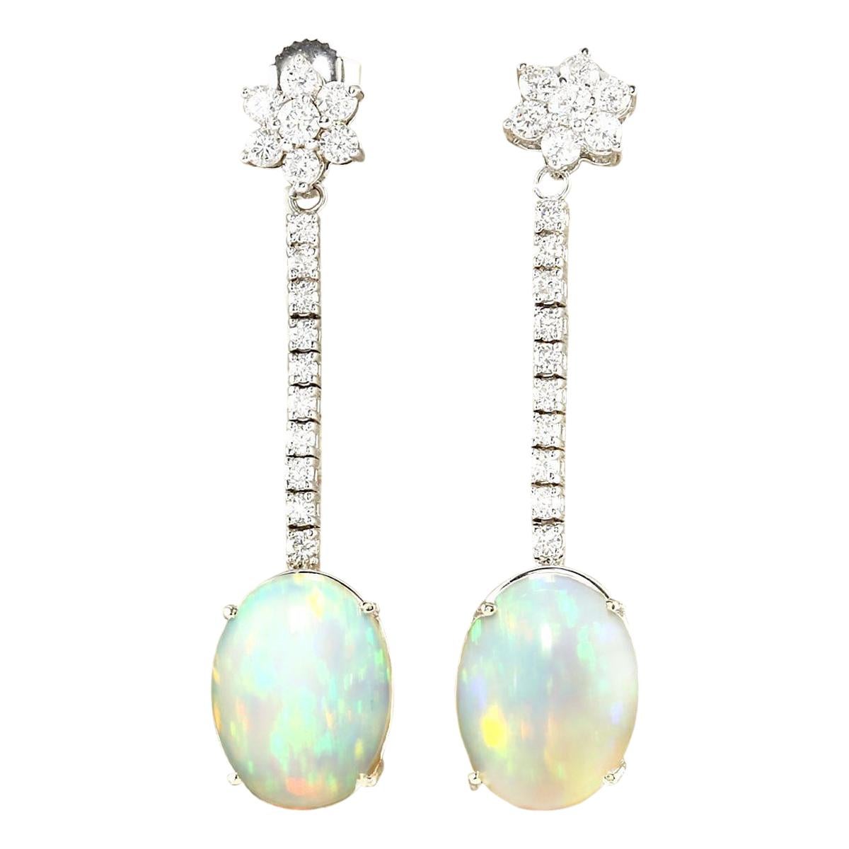 Oval Cut Opal Diamond Earrings In 14 Karat White Gold  For Sale