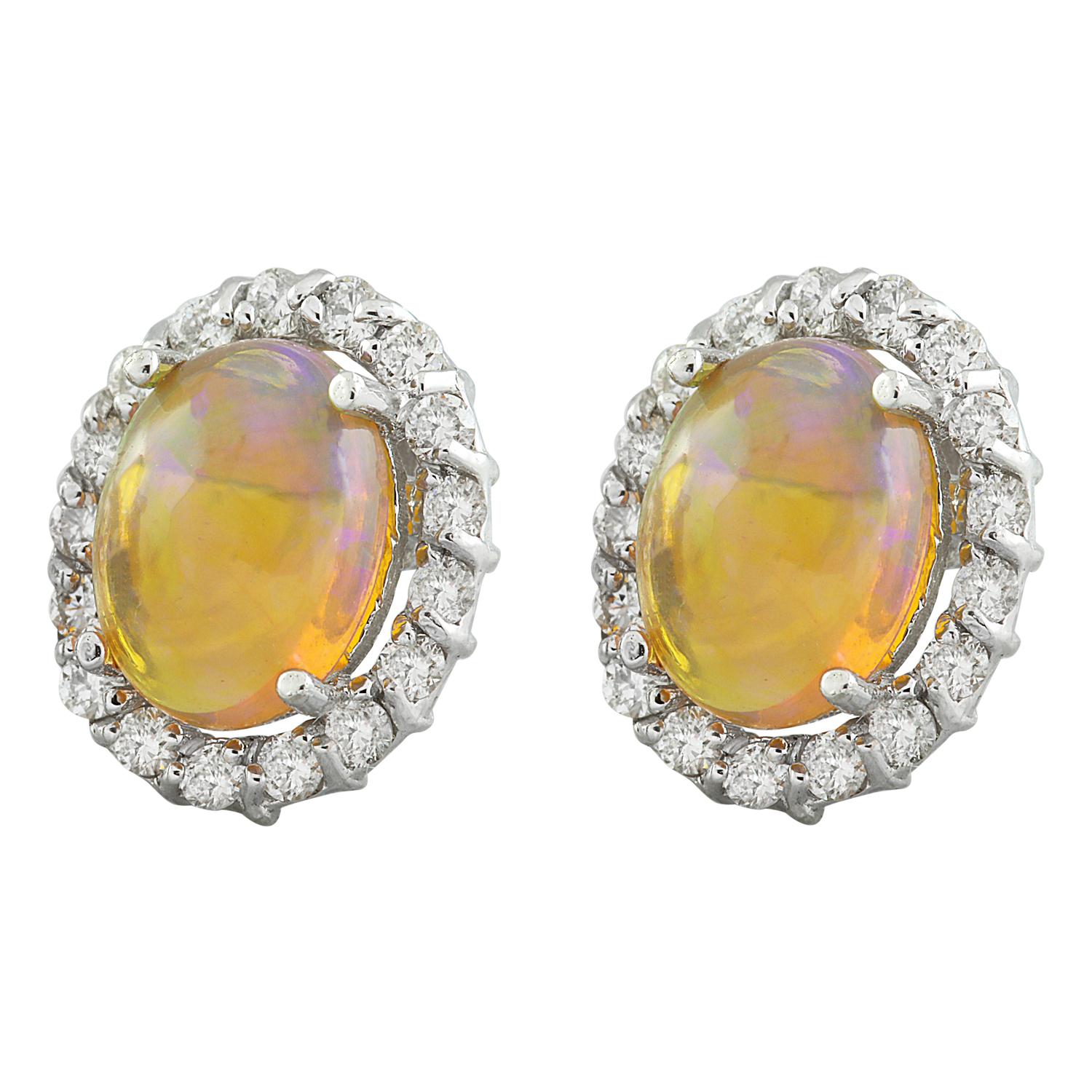 Women's Opal Diamond Earrings In 14 Karat White Gold For Sale