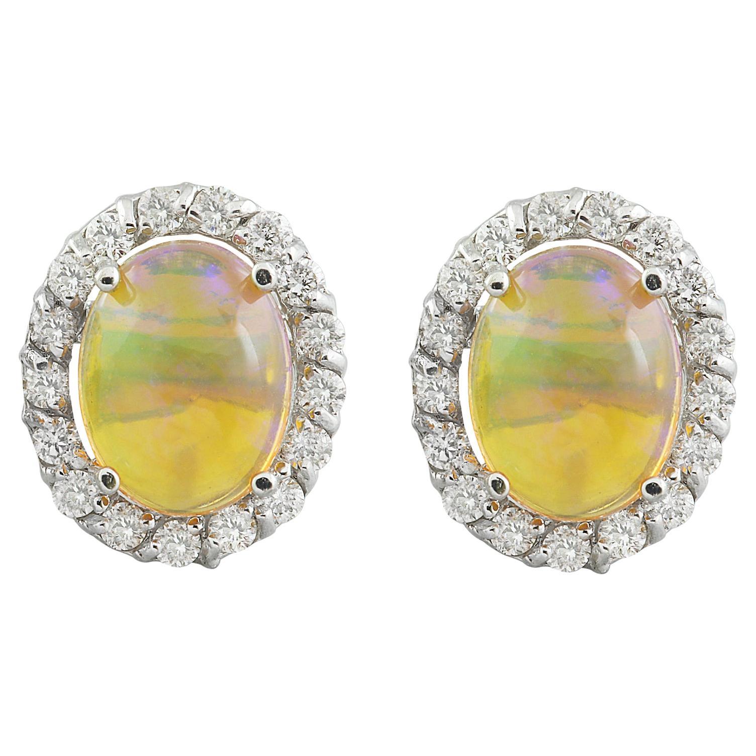 Opal Diamond Earrings In 14 Karat White Gold