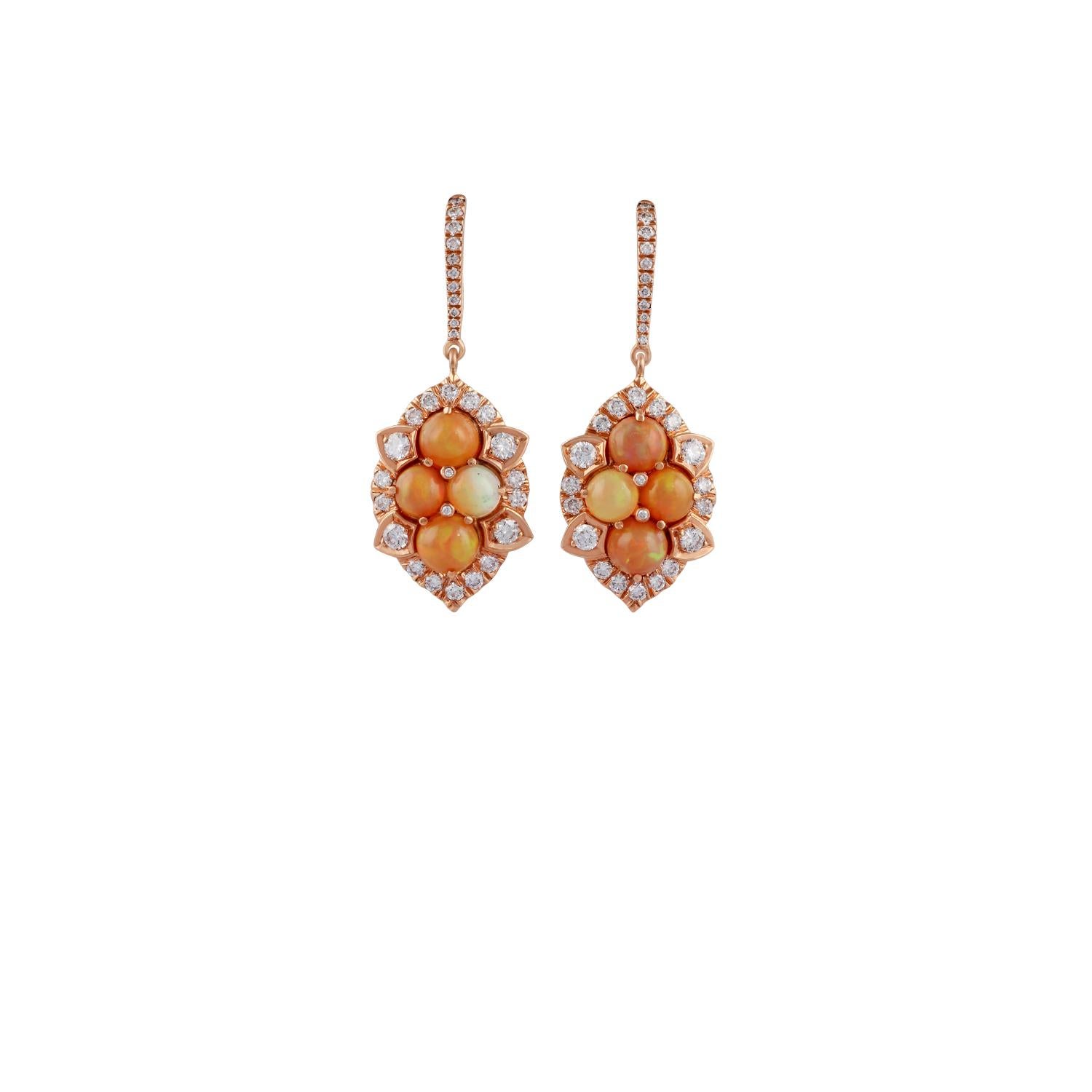 These are an exclusive opal & diamond earrings studded in 18k rose gold features 8 pieces of cabochon shaped opal weight 3.13 carat with 62 pieces of round shaped diamonds weight 1.53 carat, this entire earring pair is made of 18k rose gold weight
