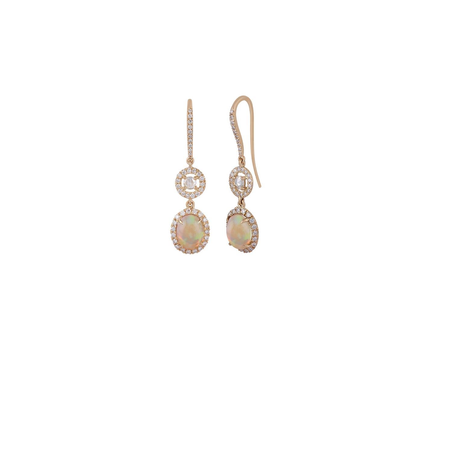 Modern Opal & Diamond Earrings Studded in 18k Yellow Gold For Sale